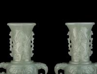 A Pair of Chinese Nephrite Double-Handle Vases