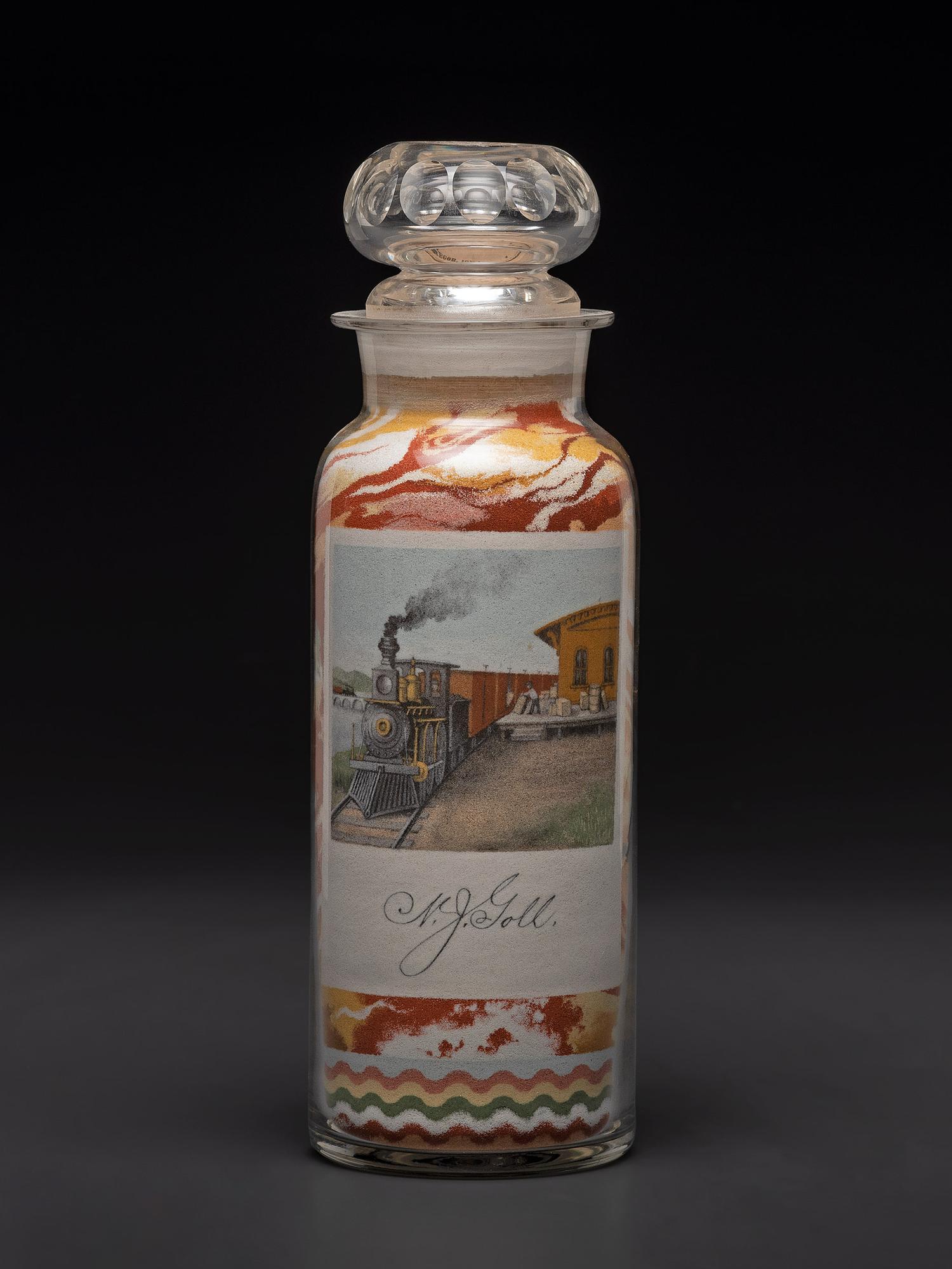 An Impressive Masterwork Andrew Clemens (American, 1857-1894) Labeled Sand Bottle