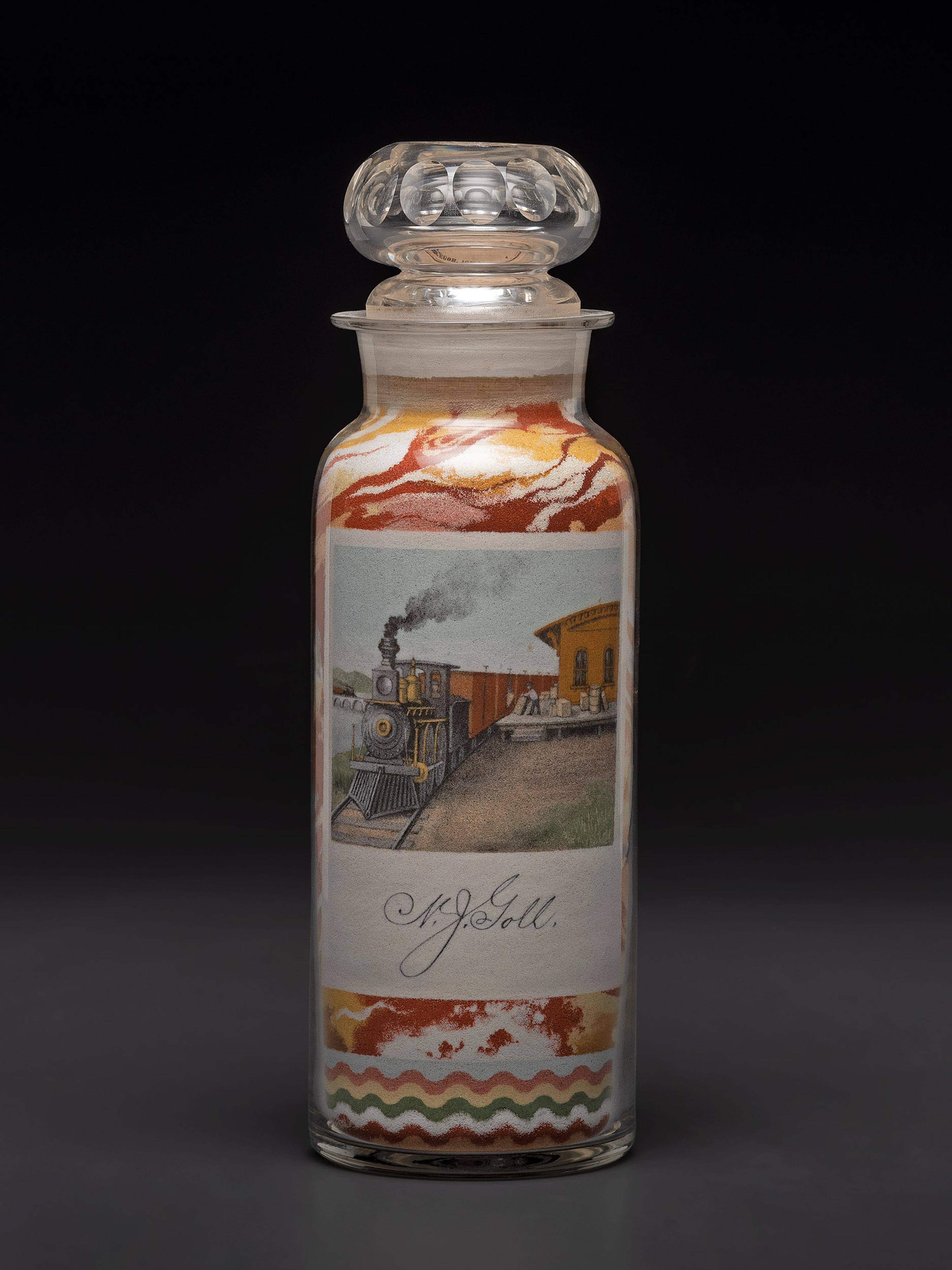 An Impressive Masterwork Andrew Clemens (American, 1857-1894) Labeled Sand Bottle