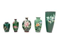 Five Japanese Green Ground Cloisonné Enamel and Embossed Foil 'Ginbari' Vases