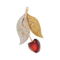 NICHOLAS VARNEY, DIAMOND, COLORED DIAMOND AND FIRE OPAL CHERRY BROOCH