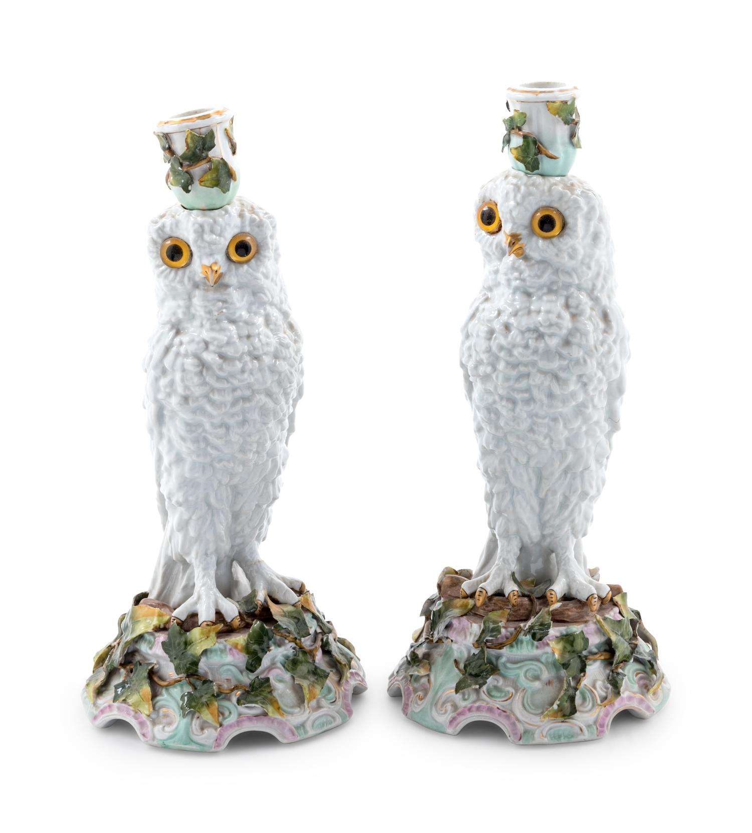 A Pair of Continental Owl-Form Porcelain Candlesticks