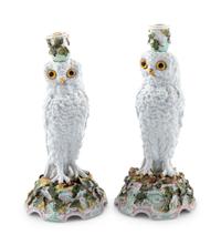 A Pair of Continental Owl-Form Porcelain Candlesticks