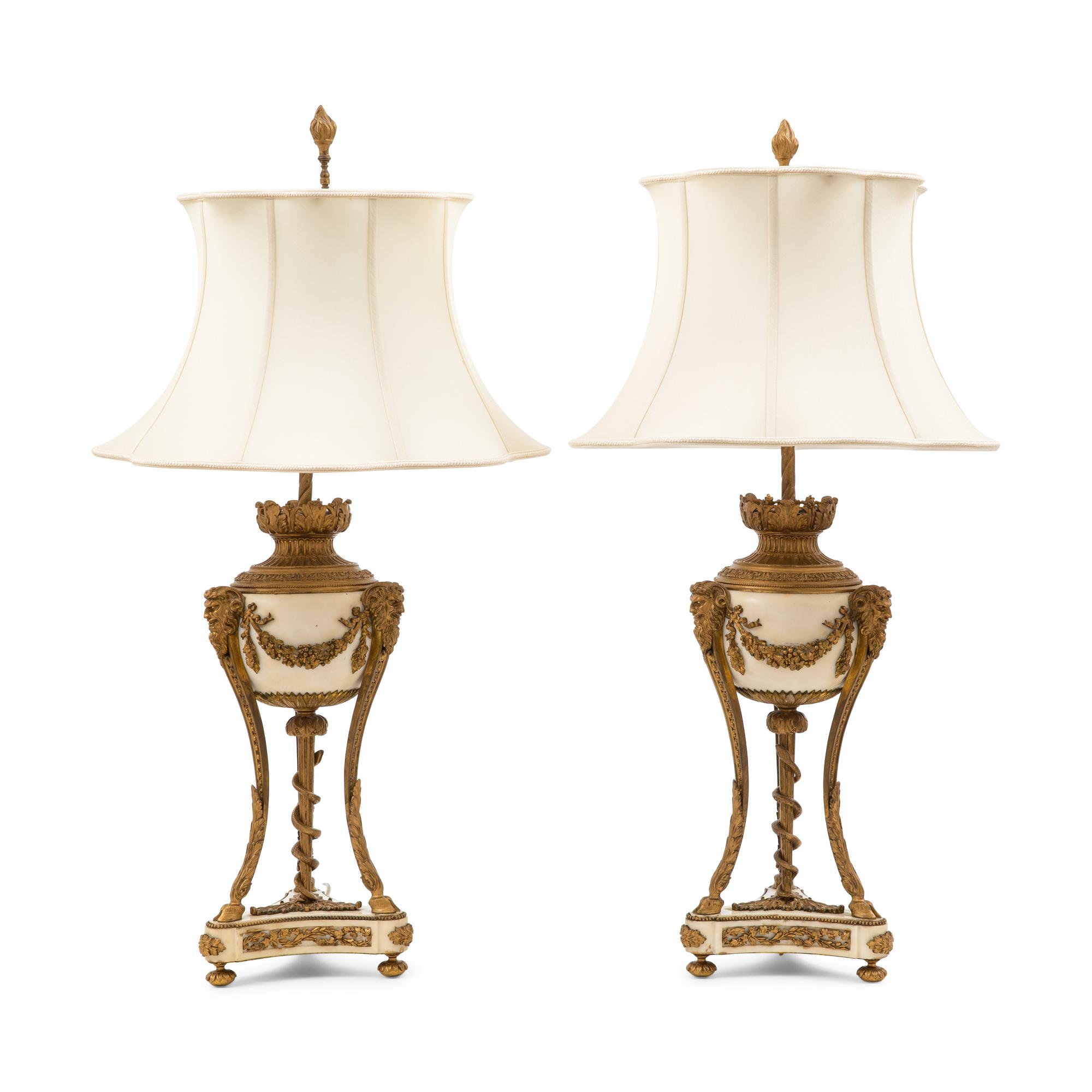 Pair of Louis XVI Style Gilt Bronze and White Marble Table Lamps