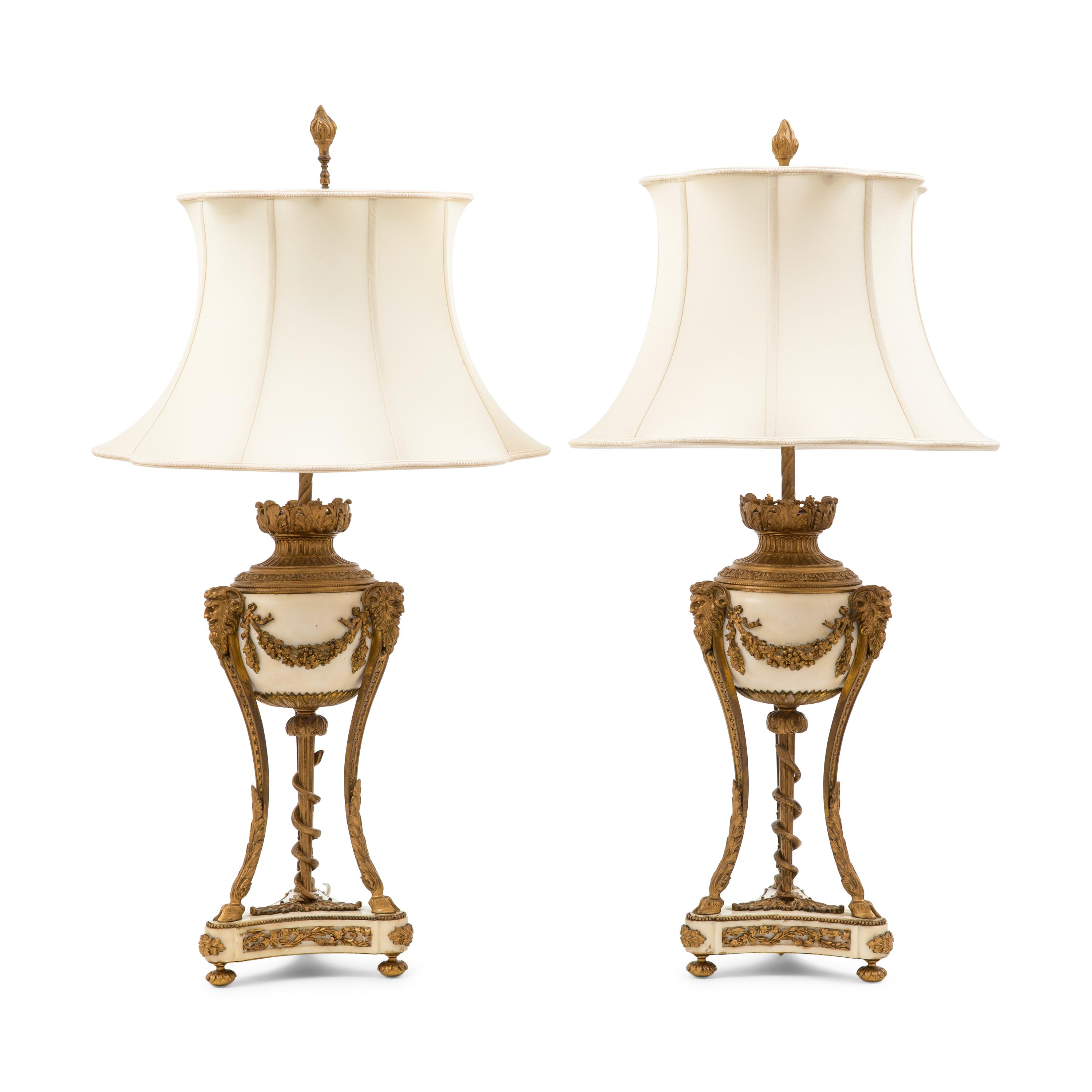 Pair of Louis XVI Style Gilt Bronze and White Marble Table Lamps