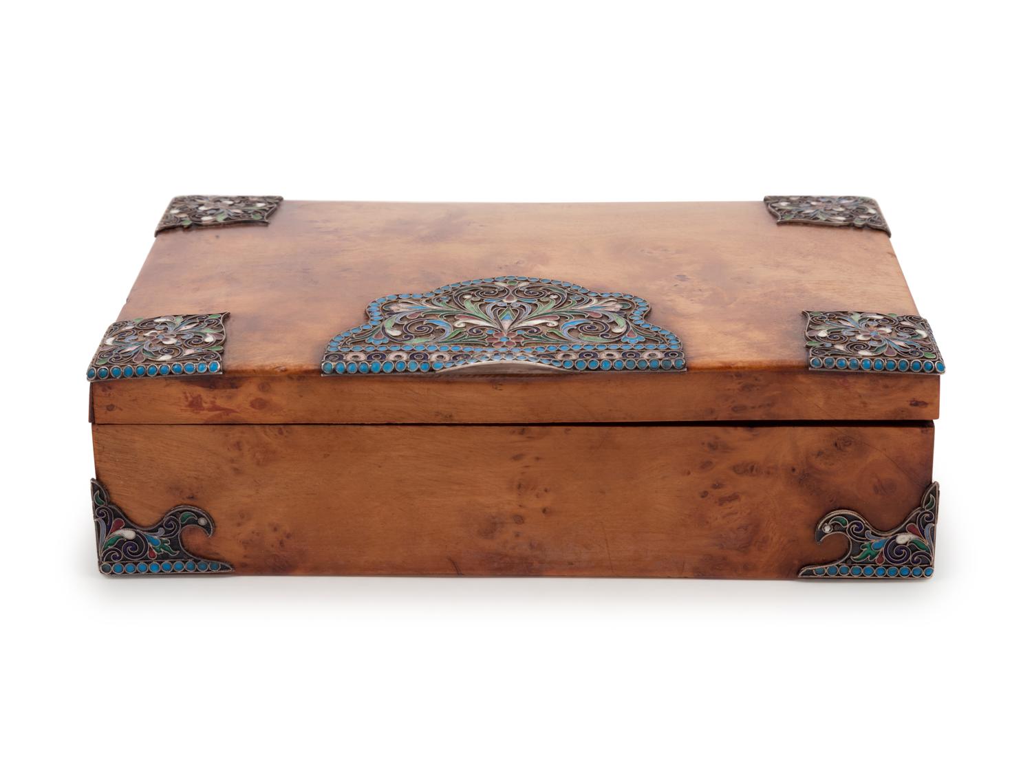 A Russian Silver and Enamel Mounted Birchwood Table-Top Cigar Box