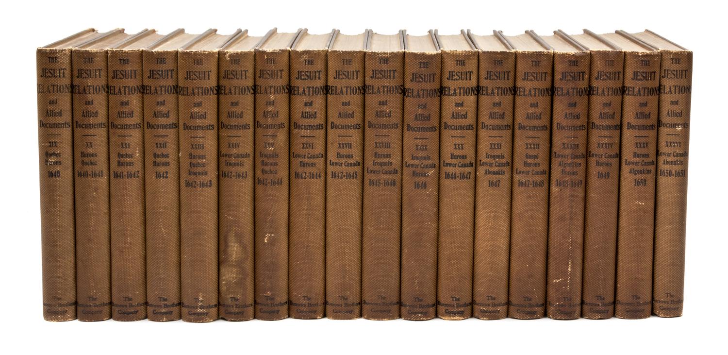 THWAITES, REUBEN GOLD. The Jesuit Relations and Allied Documents...in New France. Cleveland, 1896-1901. Limited. 73 vols.