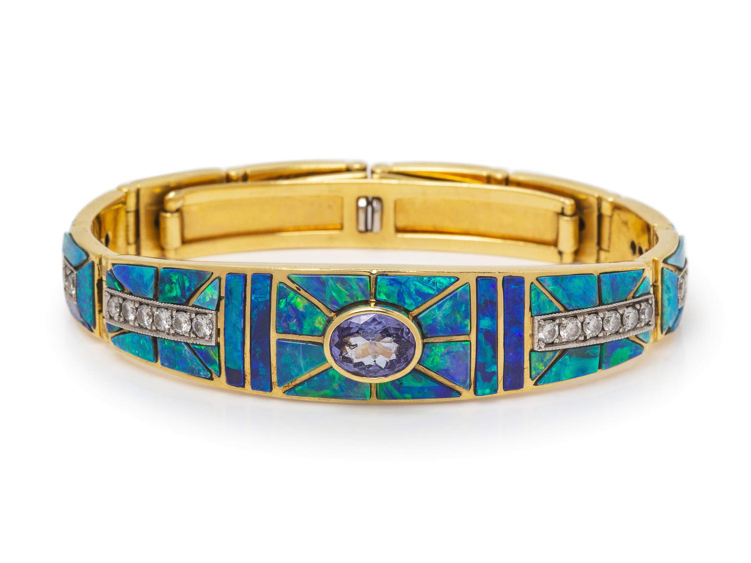 An 18 Karat Yellow Gold, Platinum, Tanzanite, Diamond and Opal Bracelet, David R. Freeland Jr.,