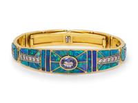 An 18 Karat Yellow Gold, Platinum, Tanzanite, Diamond and Opal Bracelet, David R. Freeland Jr.,