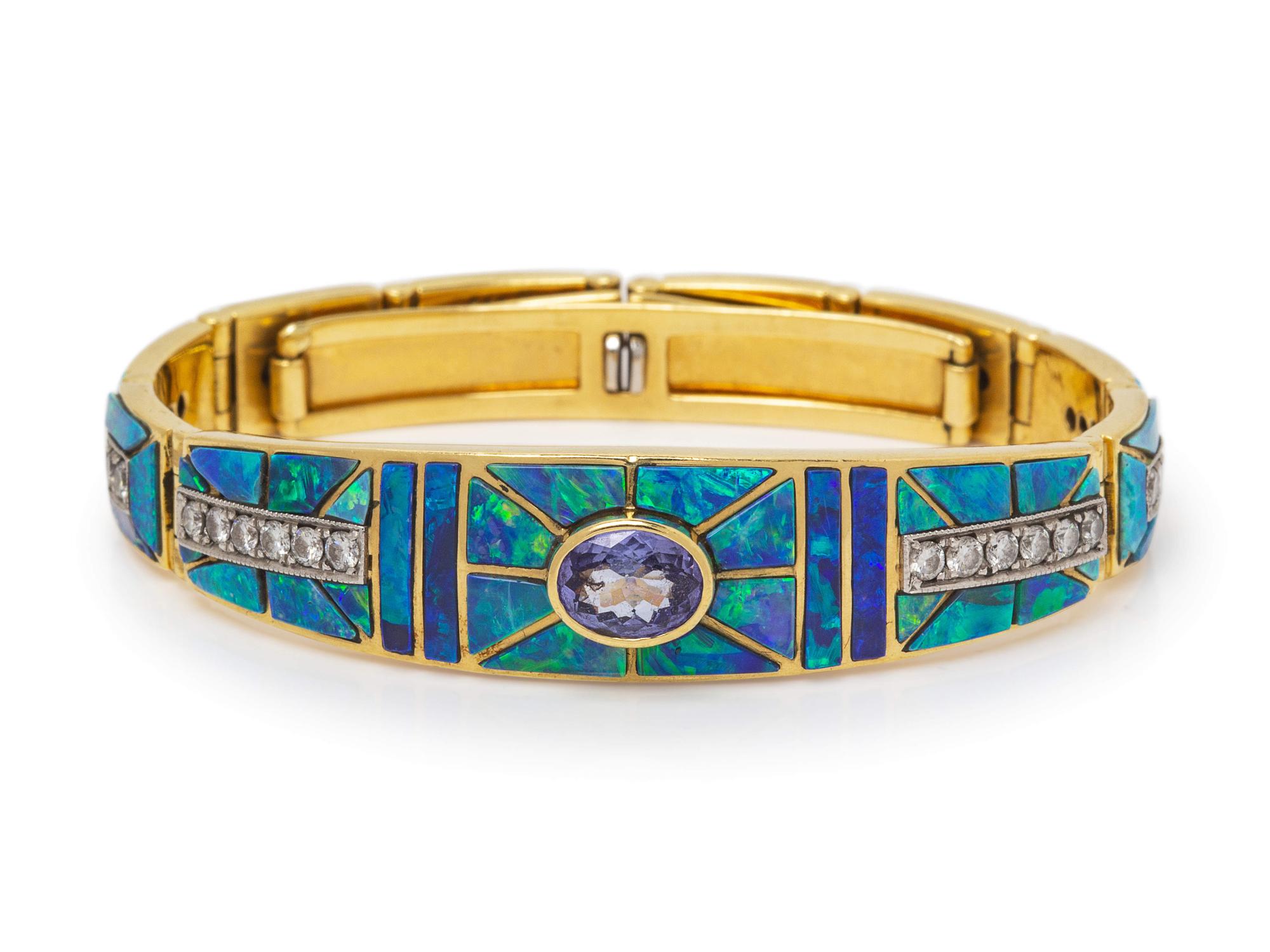 An 18 Karat Yellow Gold, Platinum, Tanzanite, Diamond and Opal Bracelet, David R. Freeland Jr.,