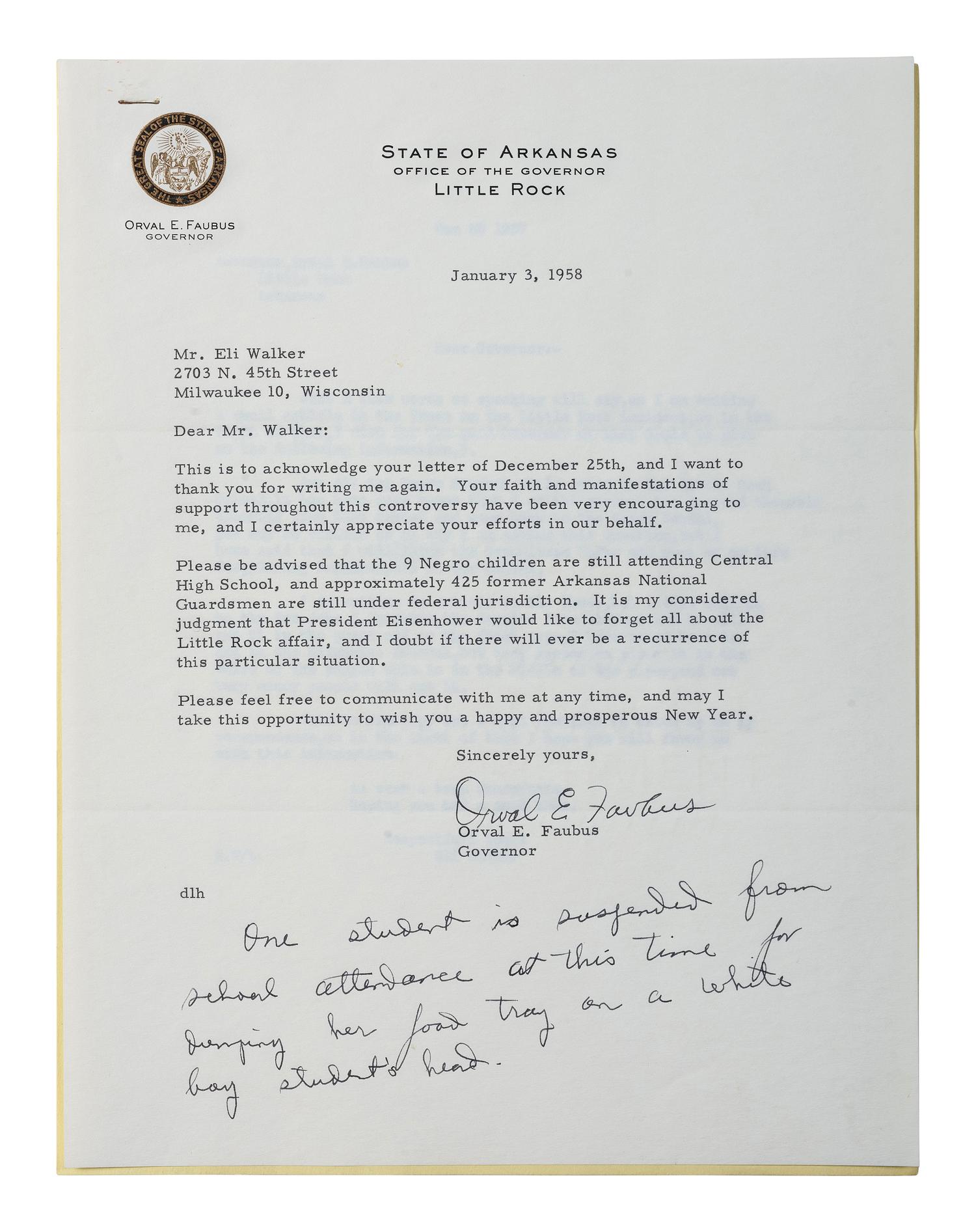 [CIVIL RIGHTS] -- [DESEGREGATION]. FAUBUS, Orval E. (1910-1994). Typed letter signed ("Orval E. Faubus"), as Governor of Arkansas, regarding the Little Rock Affair. [Little Rock, Arkansas], 3 January 1958.