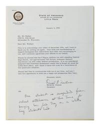 [CIVIL RIGHTS] -- [DESEGREGATION]. FAUBUS, Orval E. (1910-1994). Typed letter signed ("Orval E. Faubus"), as Governor of Arkansas, regarding the Little Rock Affair. [Little Rock, Arkansas], 3 January 1958.
