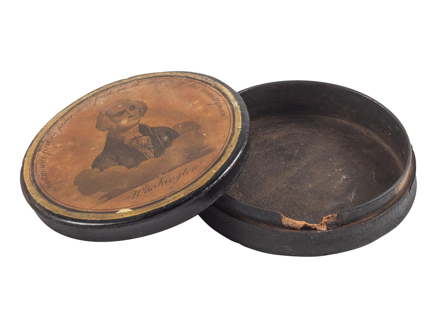 [POLITICS]. George Washington papier-mâché snuff box. English, ca 1800 to 1820.