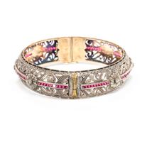 SILVER-TOPPED GOLD AND RUBY BANGLE BRACELET