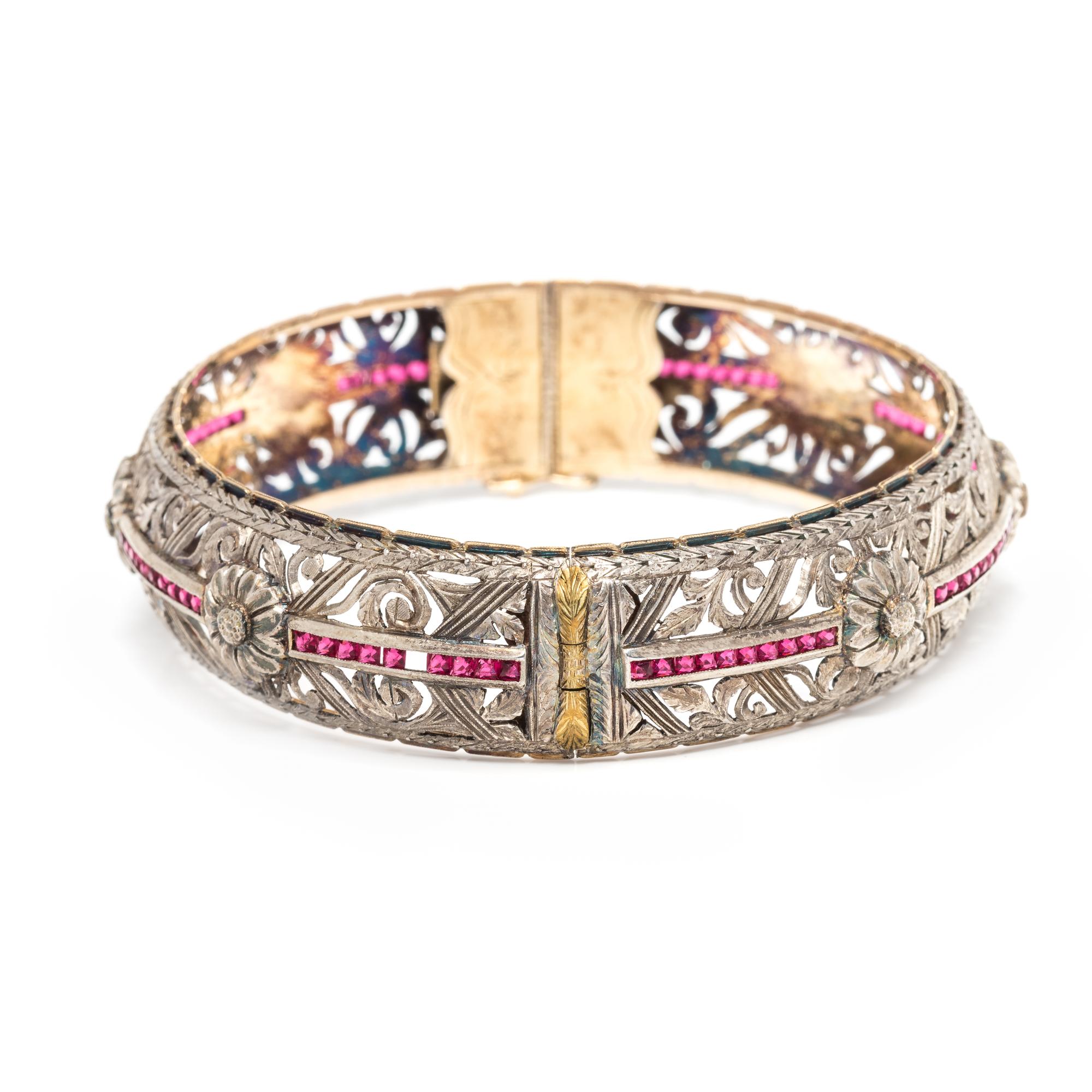 SILVER-TOPPED GOLD AND RUBY BANGLE BRACELET