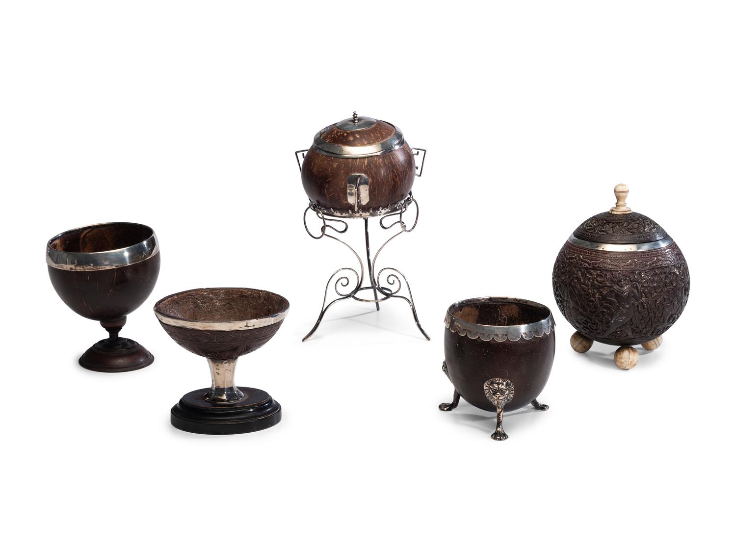 Five Silver Mounted Coconut Wares