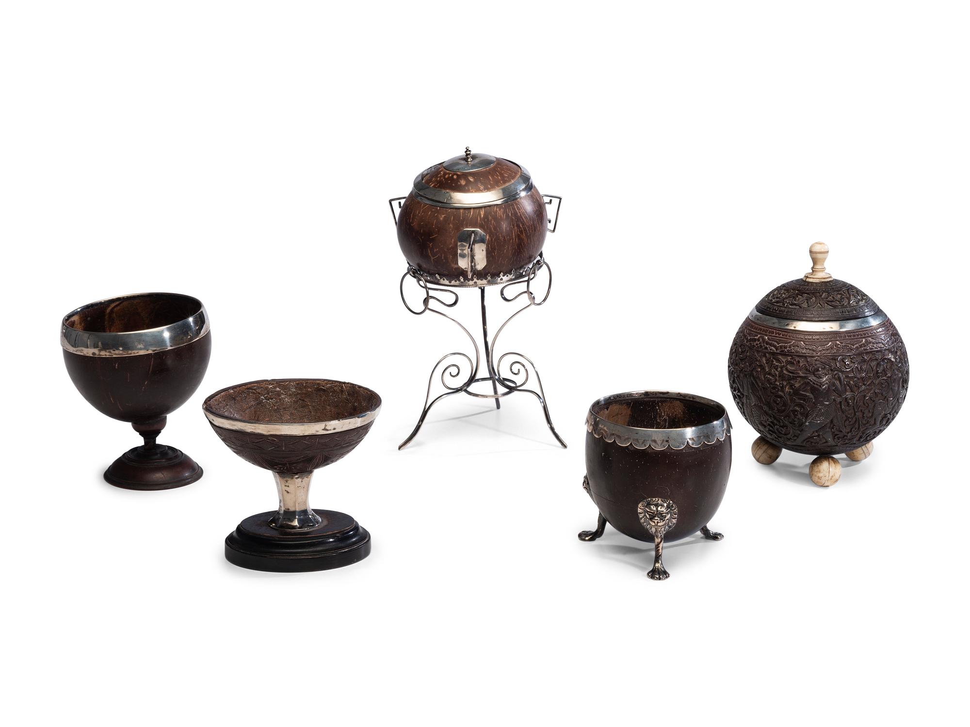 Five Silver Mounted Coconut Wares