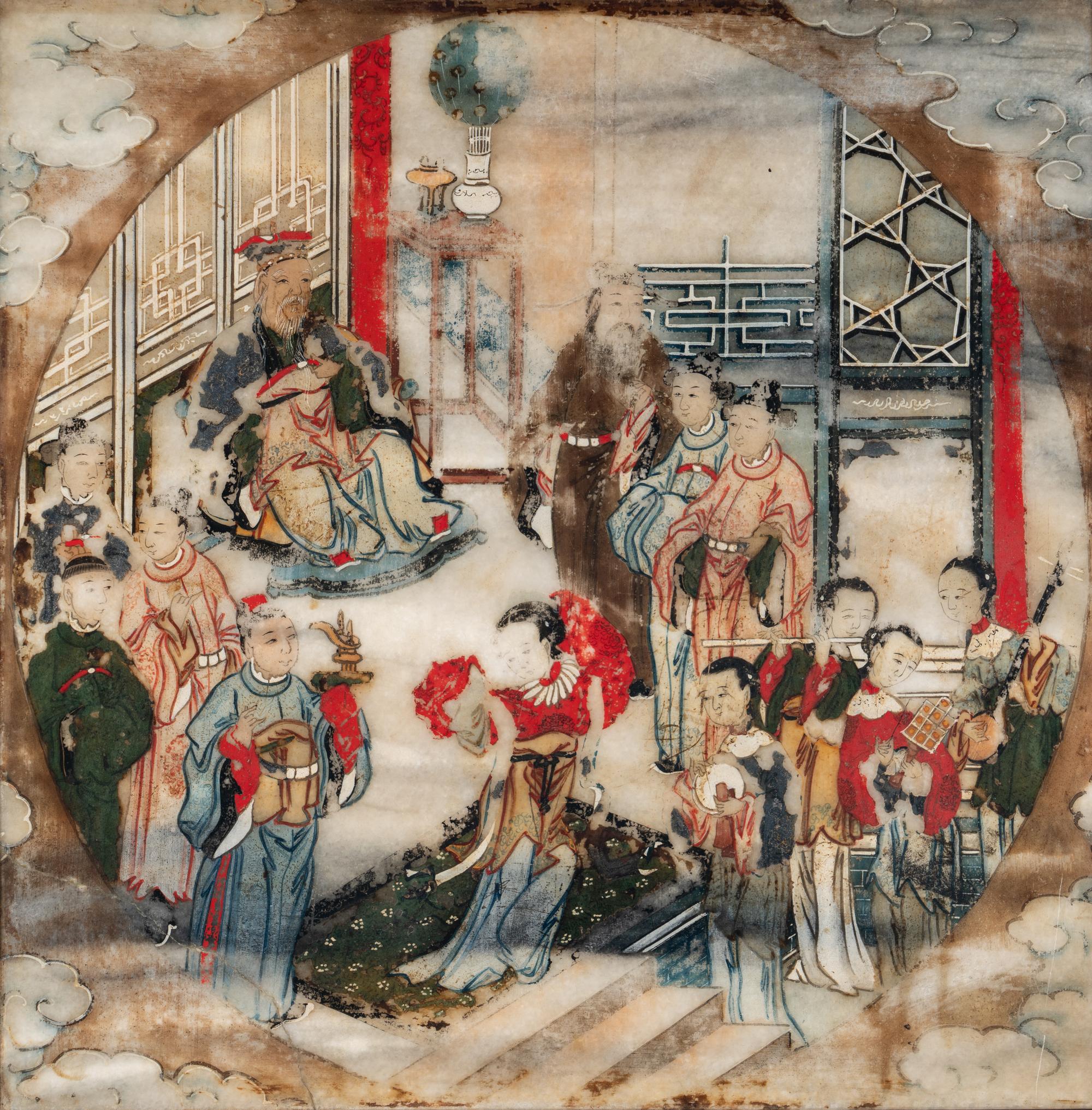 A Chinese Painted Dream Stone Inset Wood Table Screen