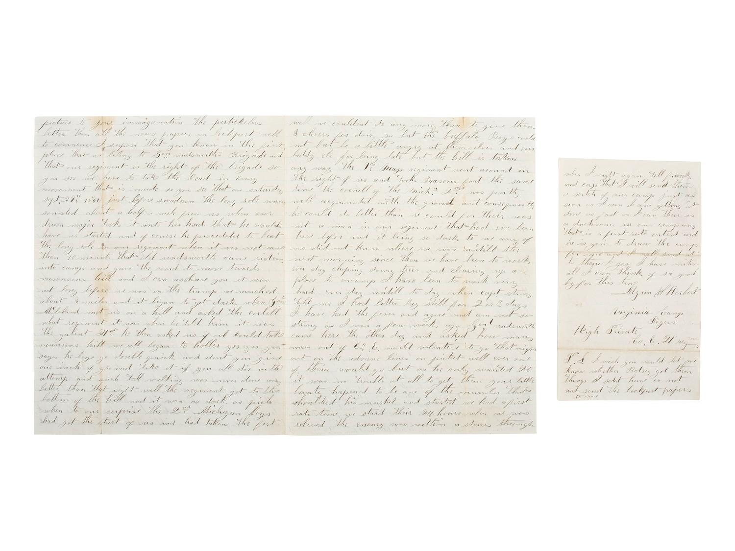 [CIVIL WAR]. Soldier's letter with drawing of "Picket life in Virginia," by Myren Herbert, 21st "Buffalo" New York Regiment, who deserted 9 months later. "Head Quarters, Camp Rogers," 5 October 1861."