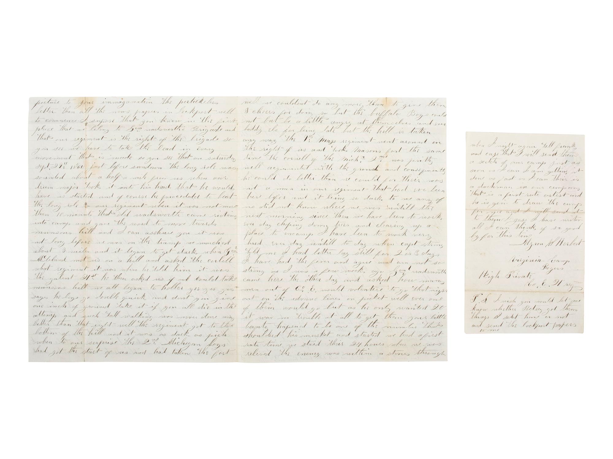 [CIVIL WAR]. Soldier's letter with drawing of "Picket life in Virginia," by Myren Herbert, 21st "Buffalo" New York Regiment, who deserted 9 months later. "Head Quarters, Camp Rogers," 5 October 1861."