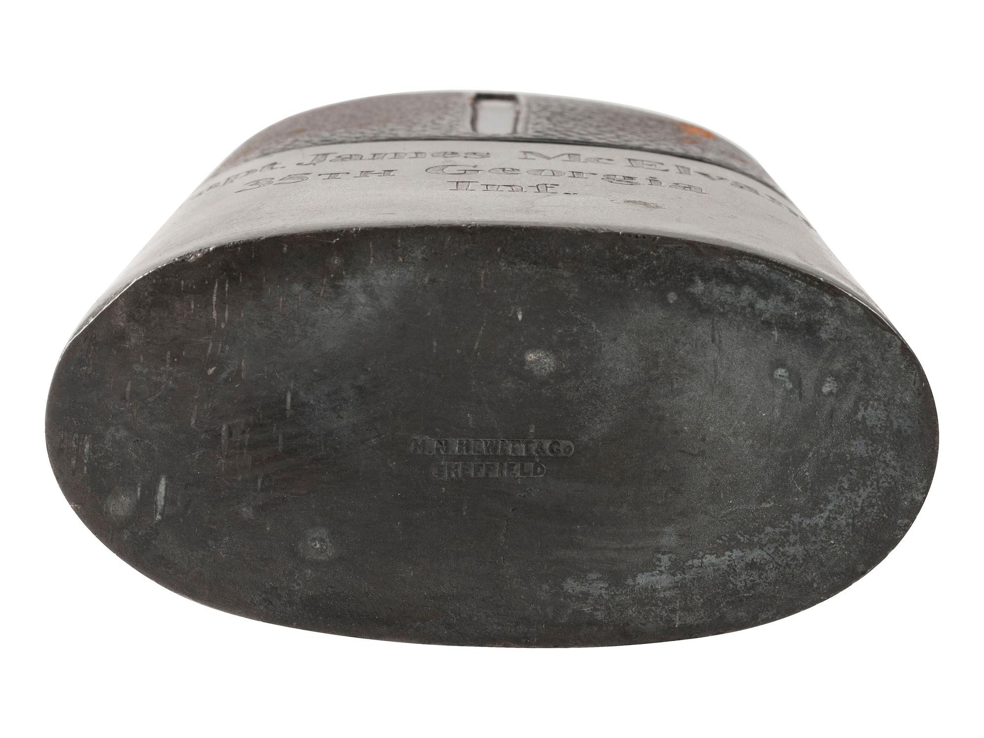 [CIVIL WAR]. Period-flask with UCV inscription to Captain James McElvany, Company F, 35th Georgia Infantry, WIA Cedar Run.