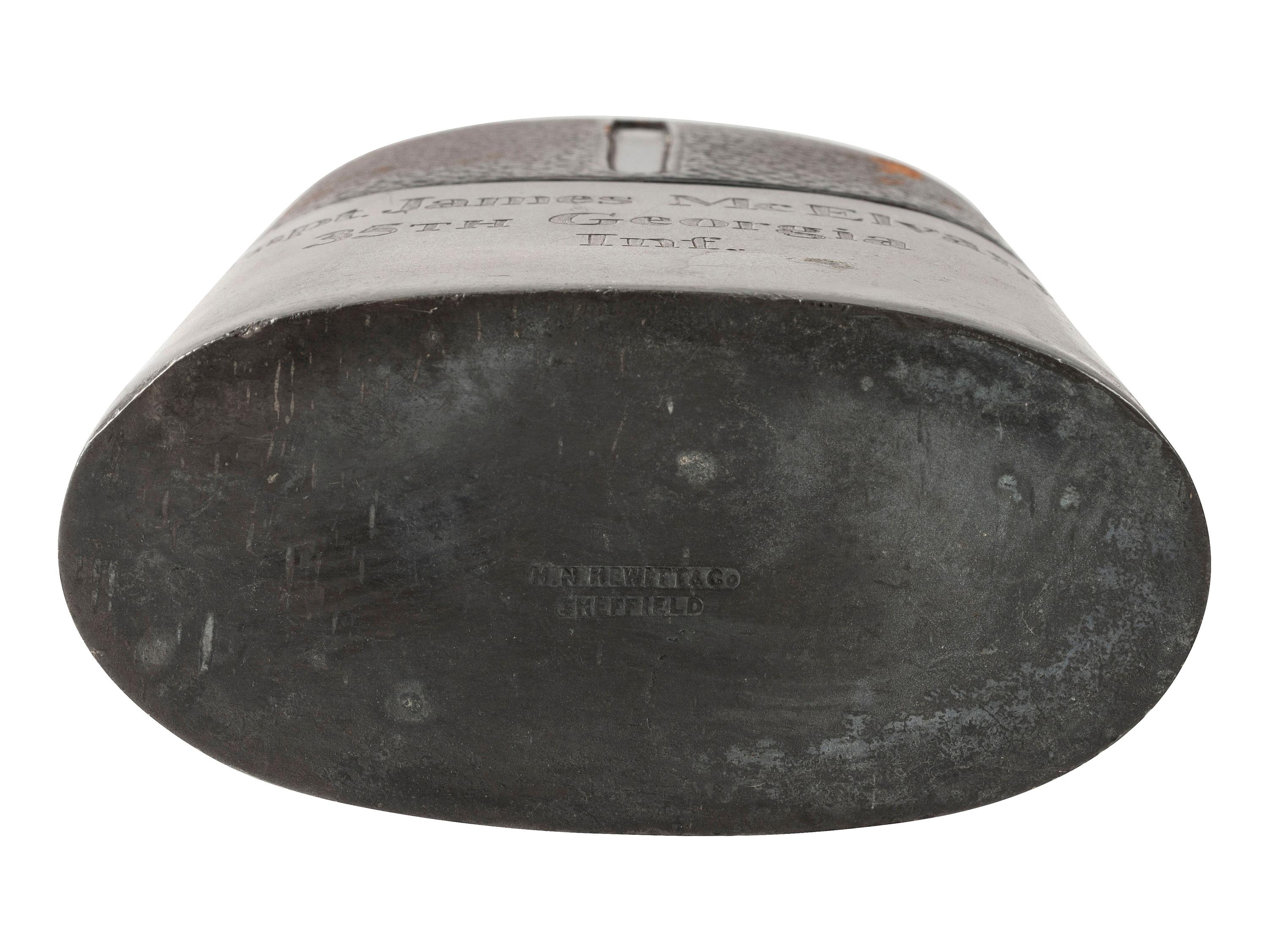 [CIVIL WAR]. Period-flask with UCV inscription to Captain James McElvany, Company F, 35th Georgia Infantry, WIA Cedar Run.
