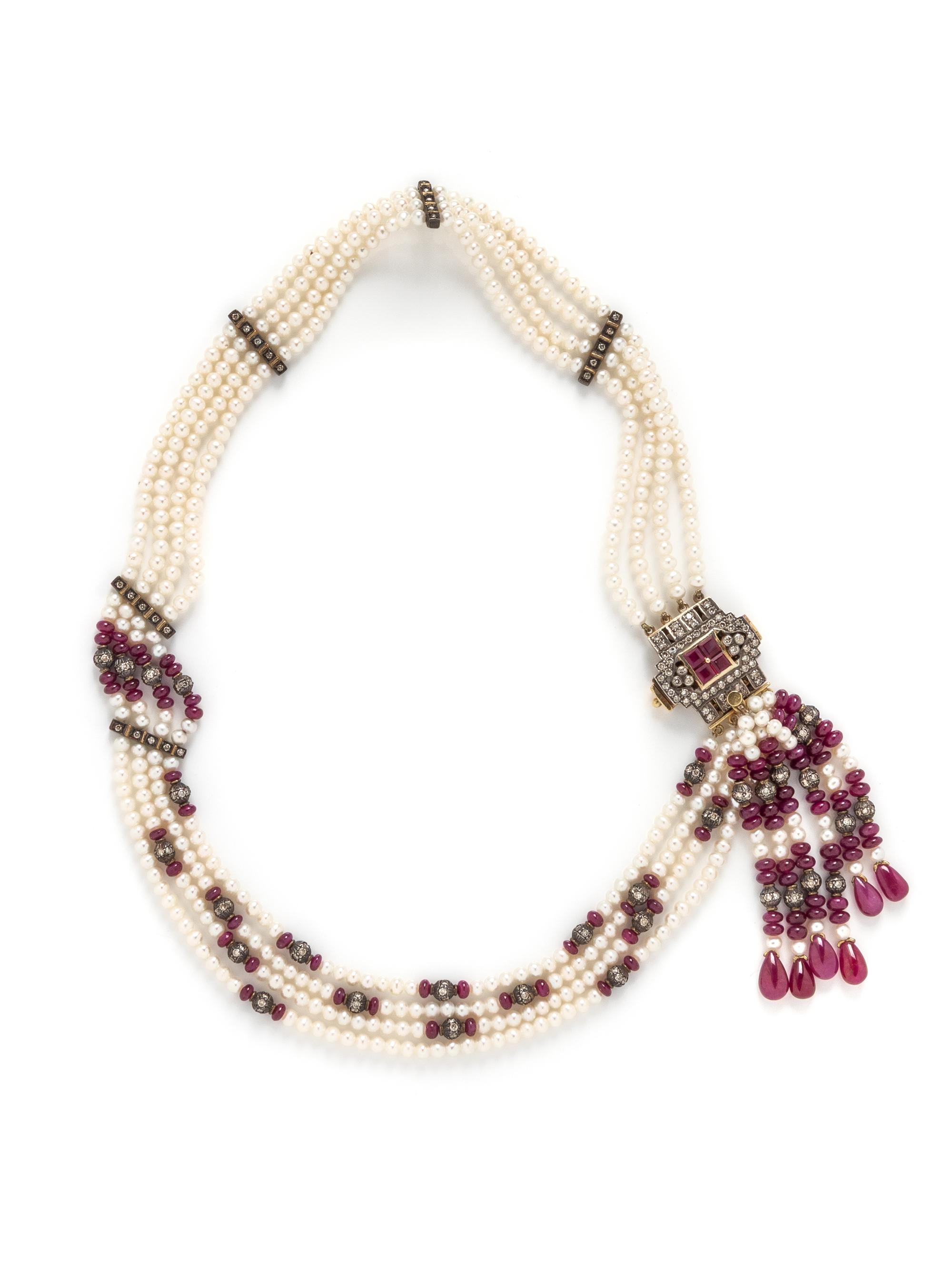 RUBY, DIAMOND, AND CULTURED PEARL TASSEL NECKLACE