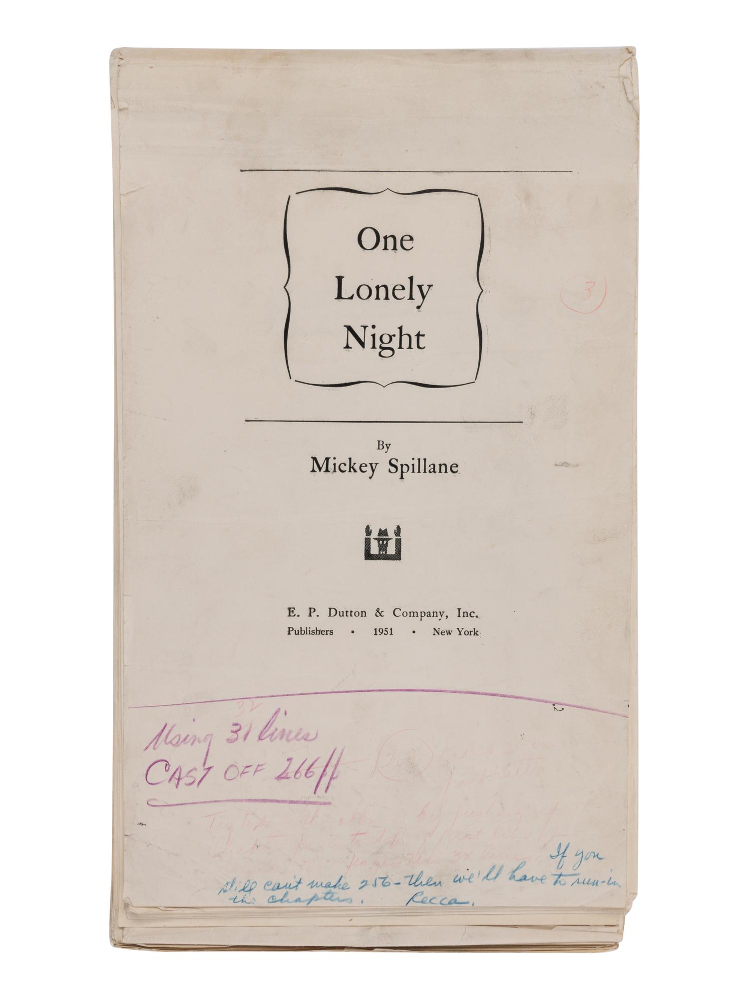 SPILLANE, Mickey (1918-2006). One Lonely Night . New York: E.P. Dutton, 1951.