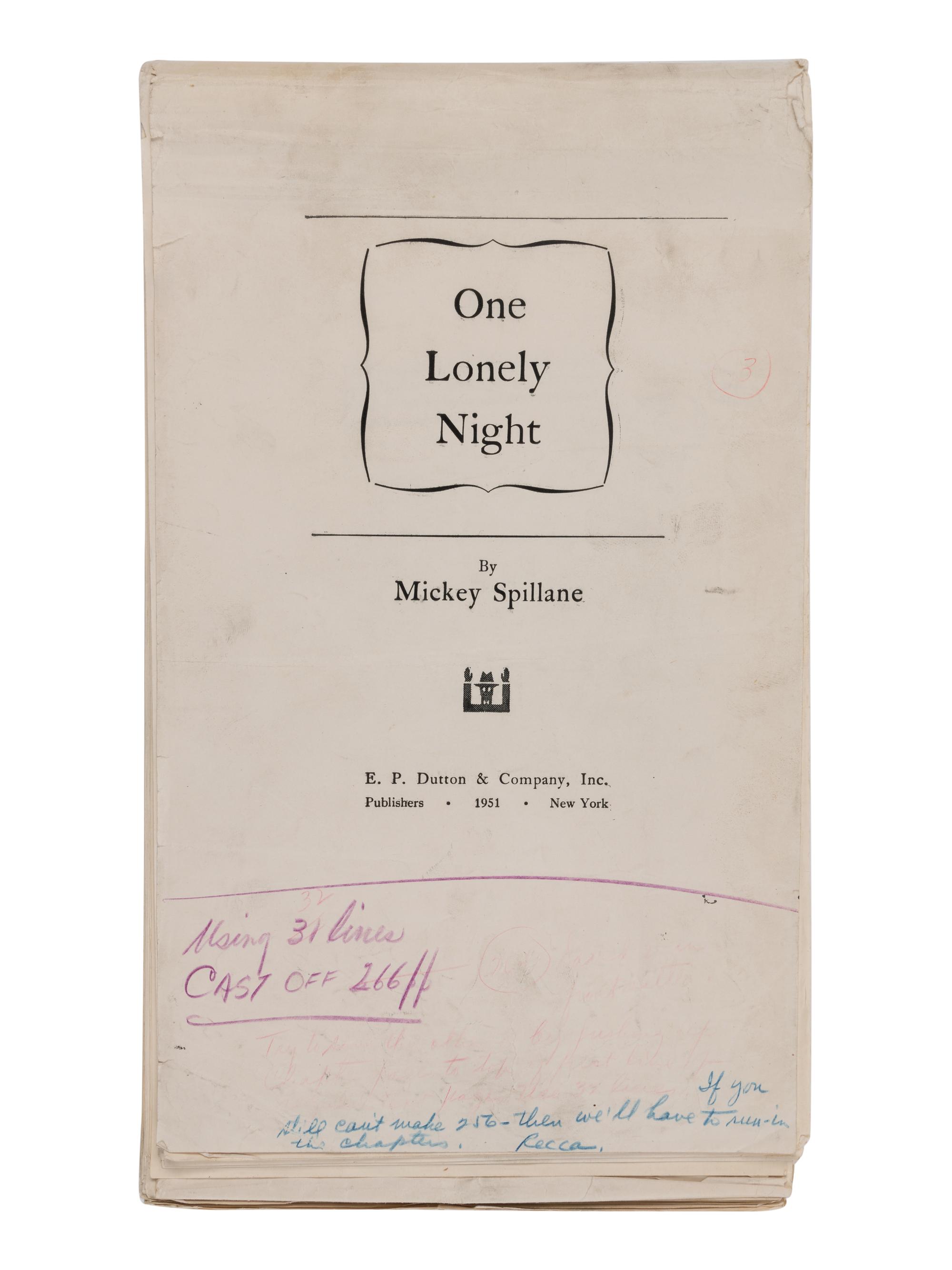 SPILLANE, Mickey (1918-2006). One Lonely Night . New York: E.P. Dutton, 1951.