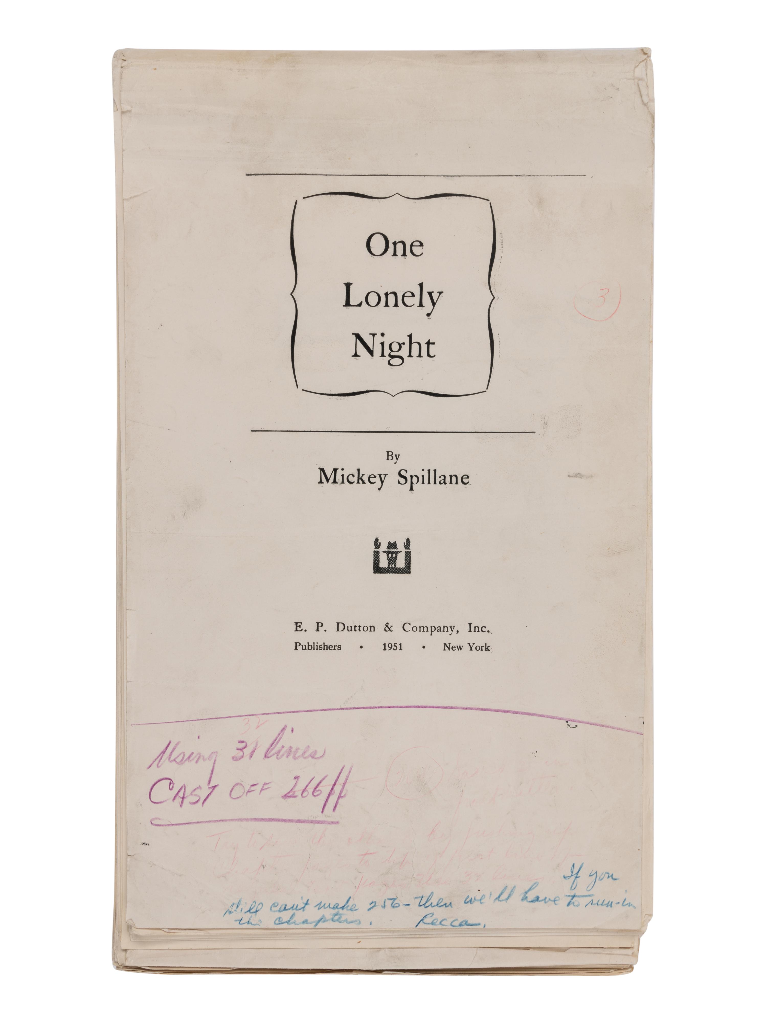 SPILLANE, Mickey (1918-2006). One Lonely Night . New York: E.P. Dutton, 1951.