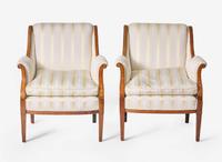 A pair of George III style inlaid mahogany and satinwood armchairs, likely late 19th century