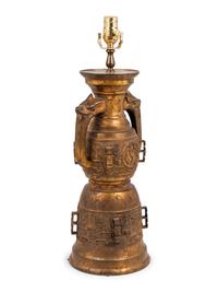 A Chinese Archaic Style Gilt Metal Lamp in the Manner of James Mont