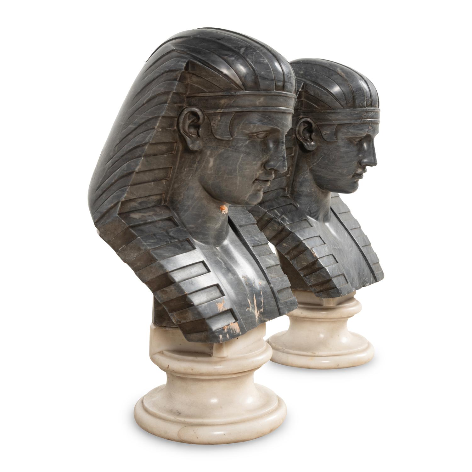 A Pair of Egyptian Revival Grey Variegated Marble Busts of Antinous