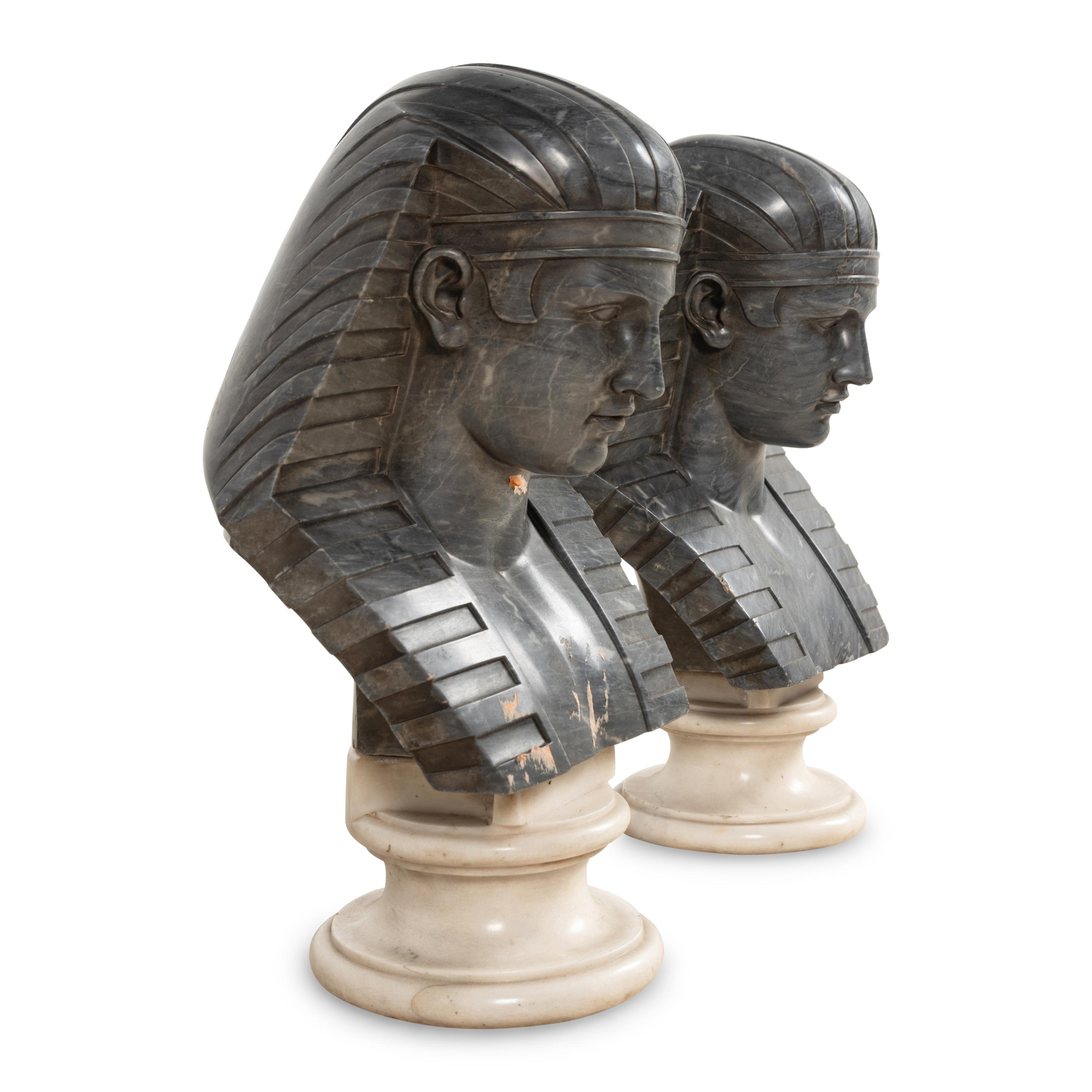A Pair of Egyptian Revival Grey Variegated Marble Busts of Antinous