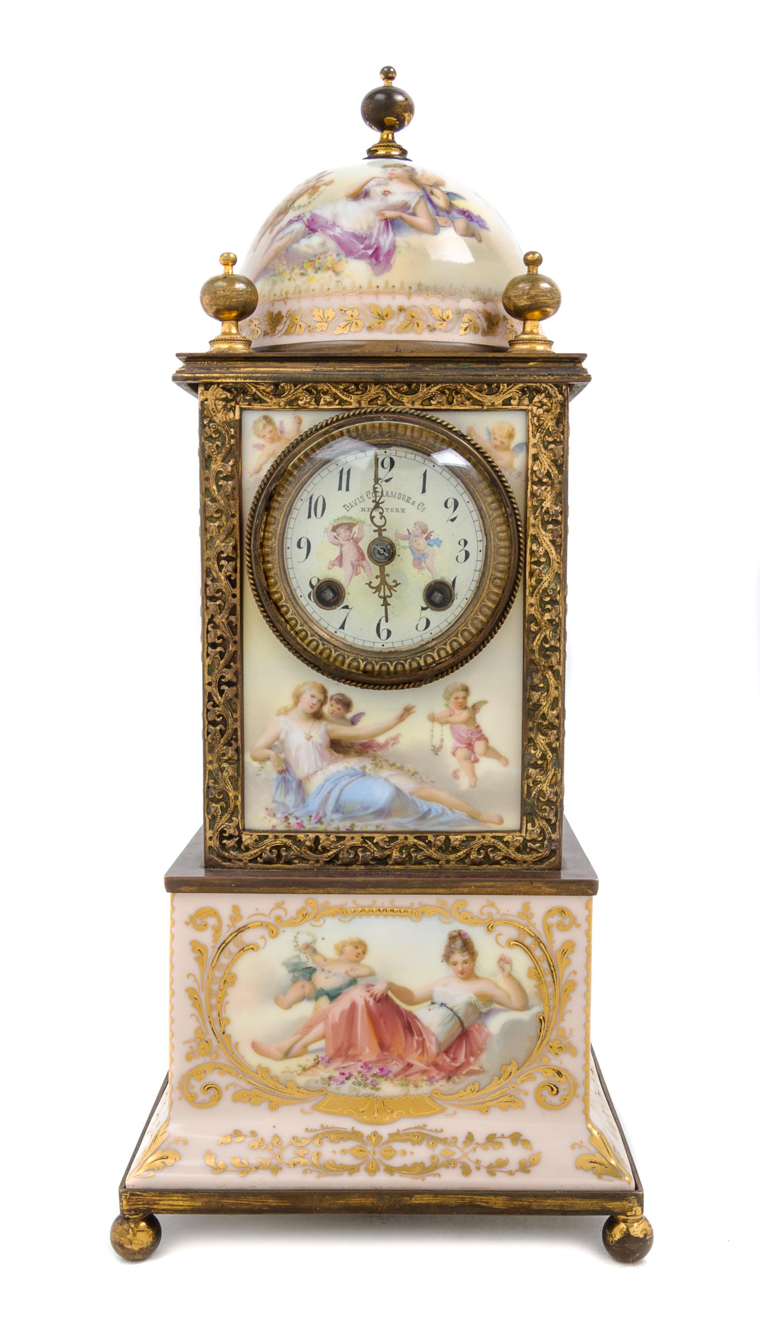 A Vienna Porcelain Mantel Clock Height 17 inches. — RETAILED BY DAVIS, COLLAMORE & CO., 19TH CENTURY