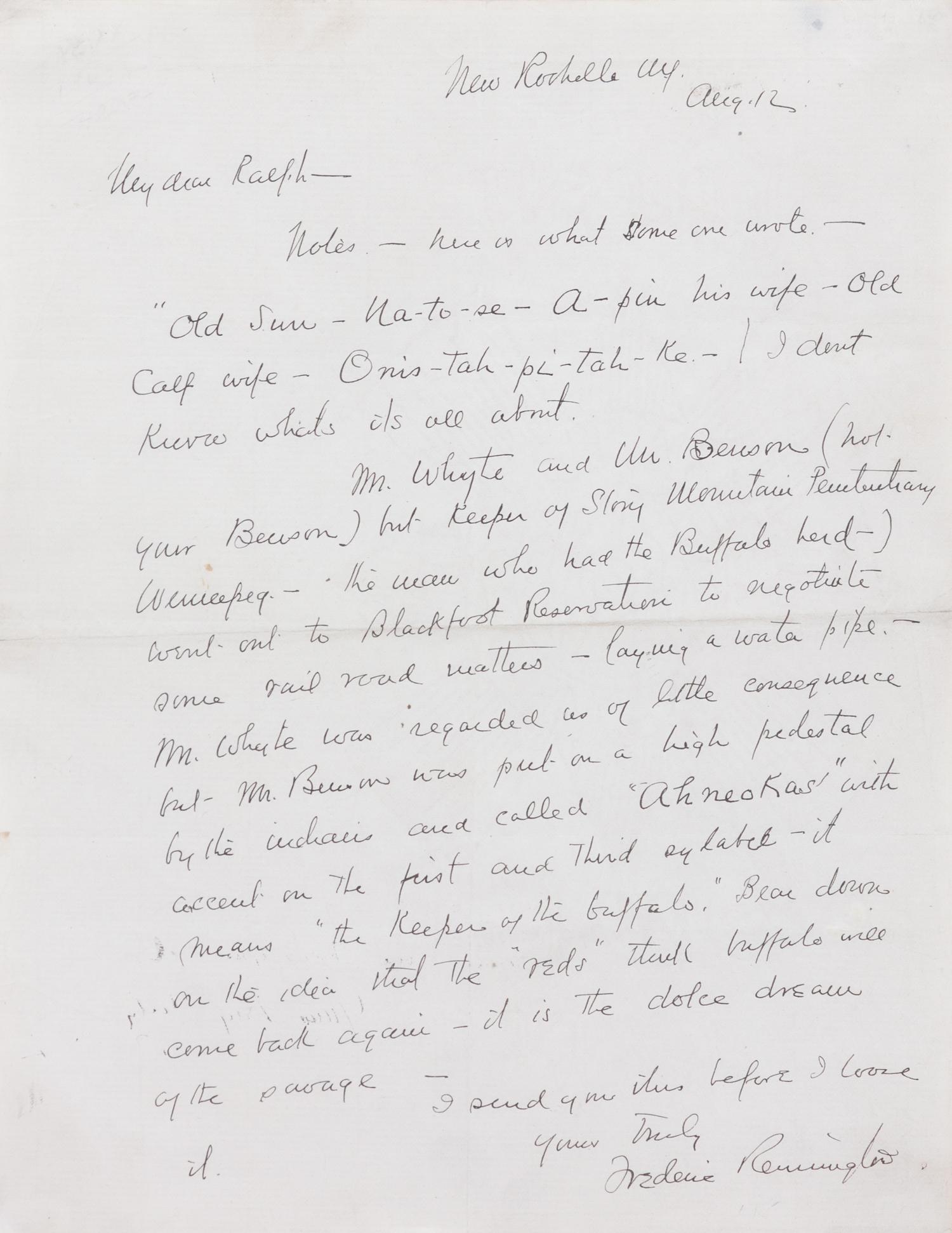 Composition of Three Works: Theodore Davis (American, 1908-1995) Portrait of Frederic Remington ink on paper 6 x 5 inches together with Frederic Remington (American, 1861-1909) Letter to Colonel McClellan, 1984 and Letter to Julie and Ralph, 1980
