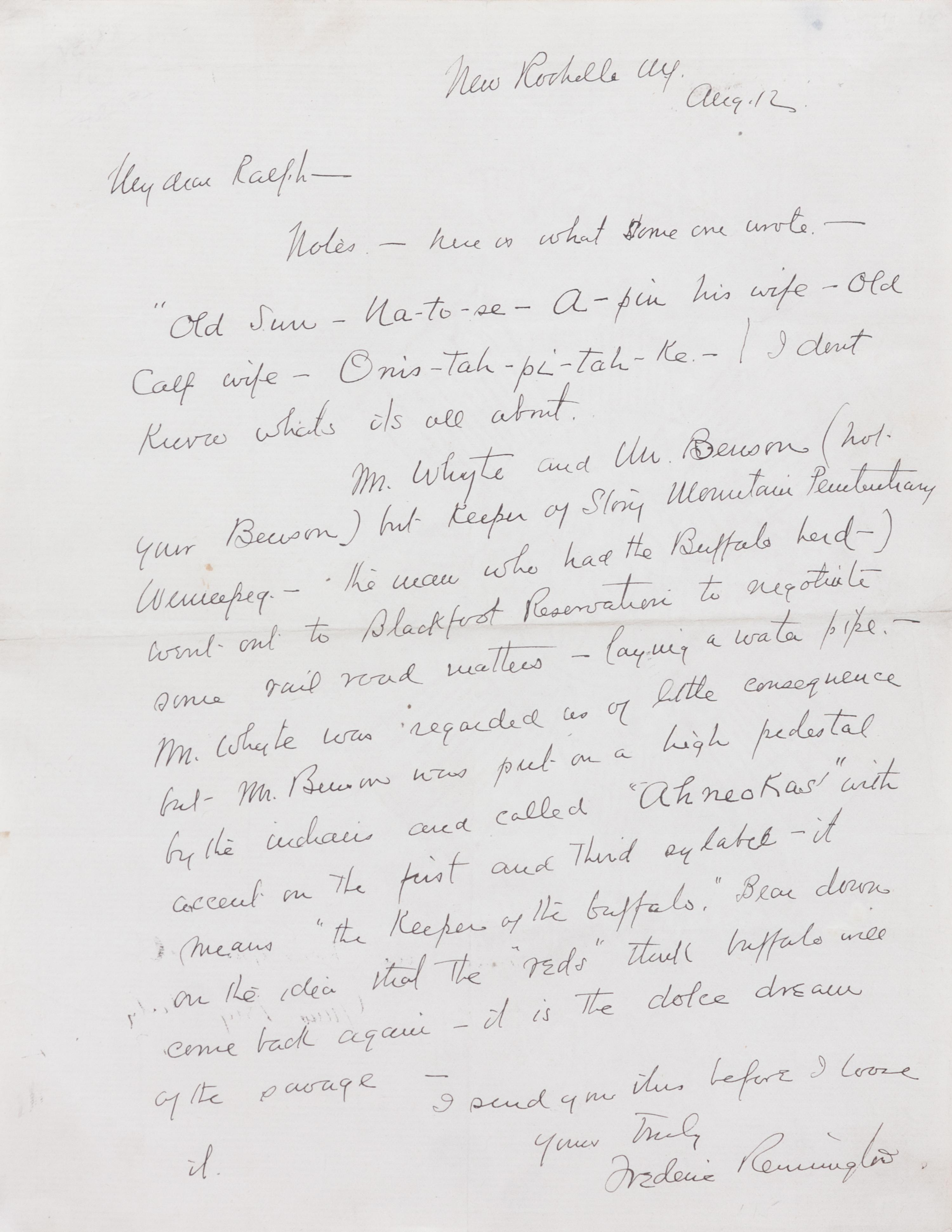 Composition of Three Works: Theodore Davis (American, 1908-1995) Portrait of Frederic Remington ink on paper 6 x 5 inches together with Frederic Remington (American, 1861-1909) Letter to Colonel McClellan, 1984 and Letter to Julie and Ralph, 1980