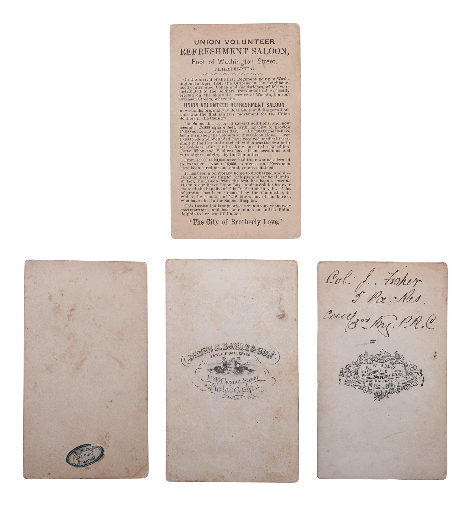 [CIVIL WAR] -- [PENNSYLVANIA]. a group of 4 CDVs, incl. view of Union Volunteer Refreshment Saloon and identified subjects.
