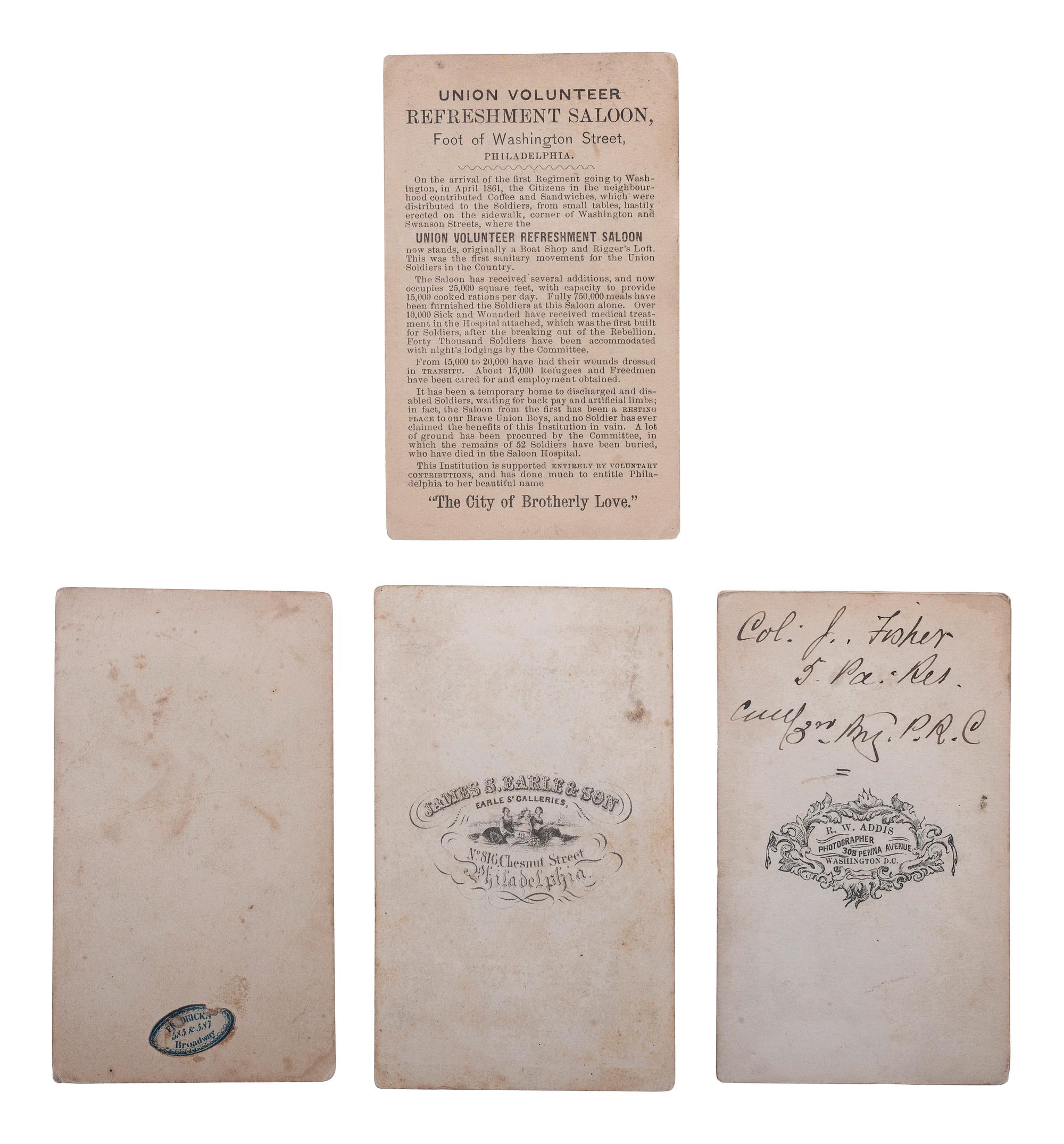 [CIVIL WAR] -- [PENNSYLVANIA]. a group of 4 CDVs, incl. view of Union Volunteer Refreshment Saloon and identified subjects.