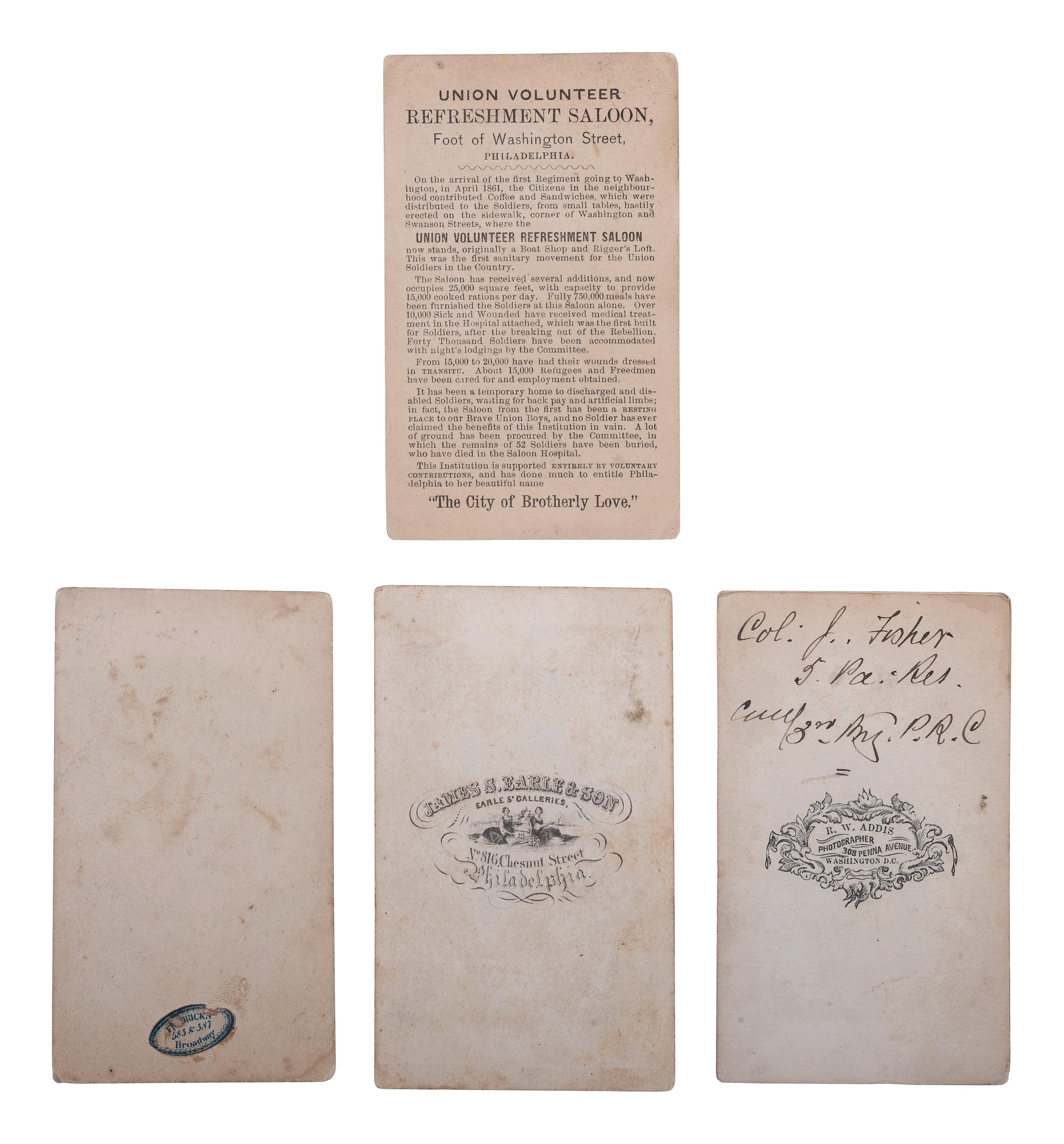 [CIVIL WAR] -- [PENNSYLVANIA]. a group of 4 CDVs, incl. view of Union Volunteer Refreshment Saloon and identified subjects.