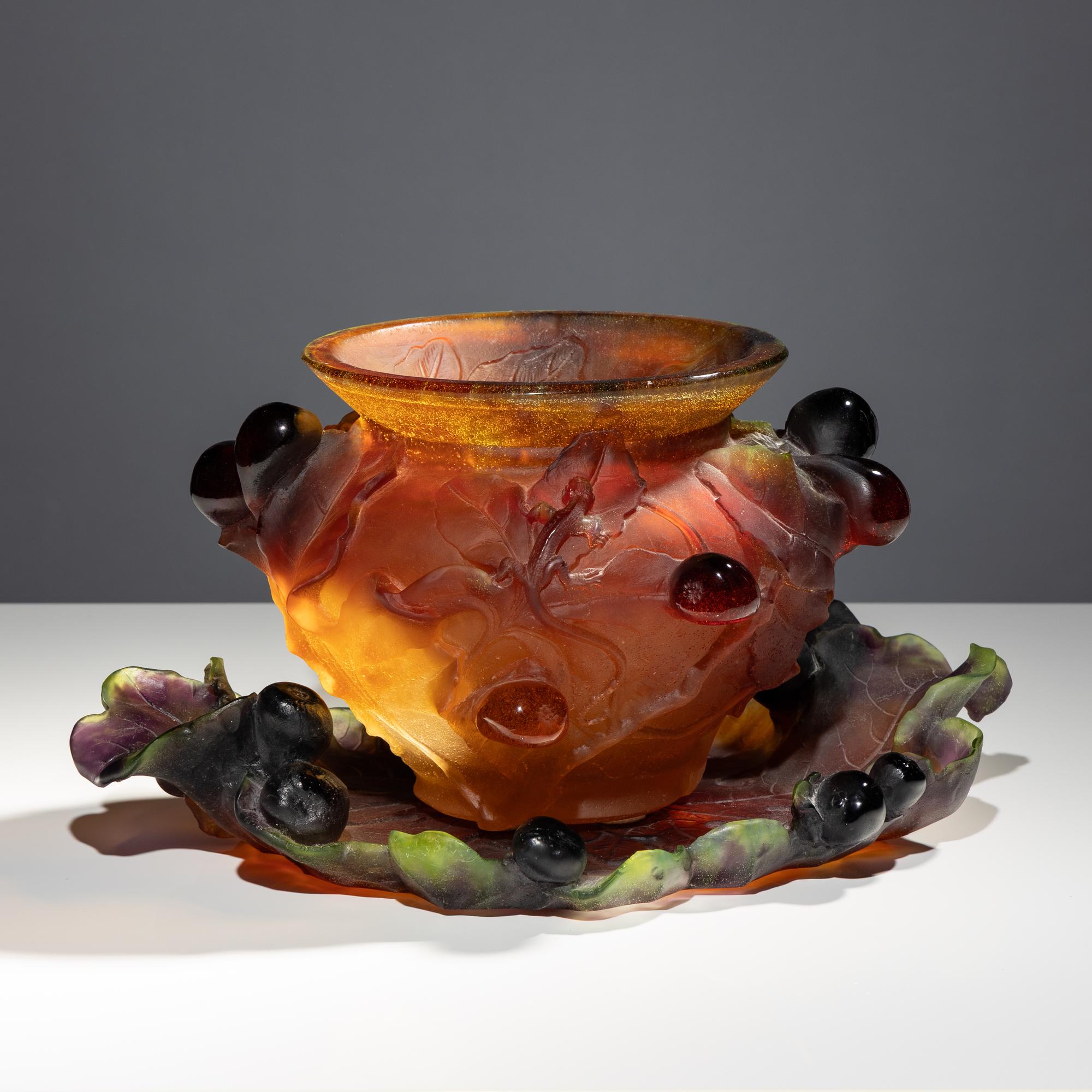 Pâte-De-Verre Les Figues (Figs) vase and tray