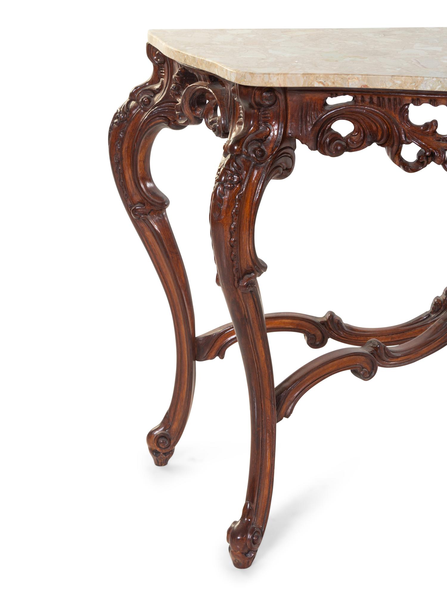 A Pair of Louis XV Style Carved Walnut Console Tables