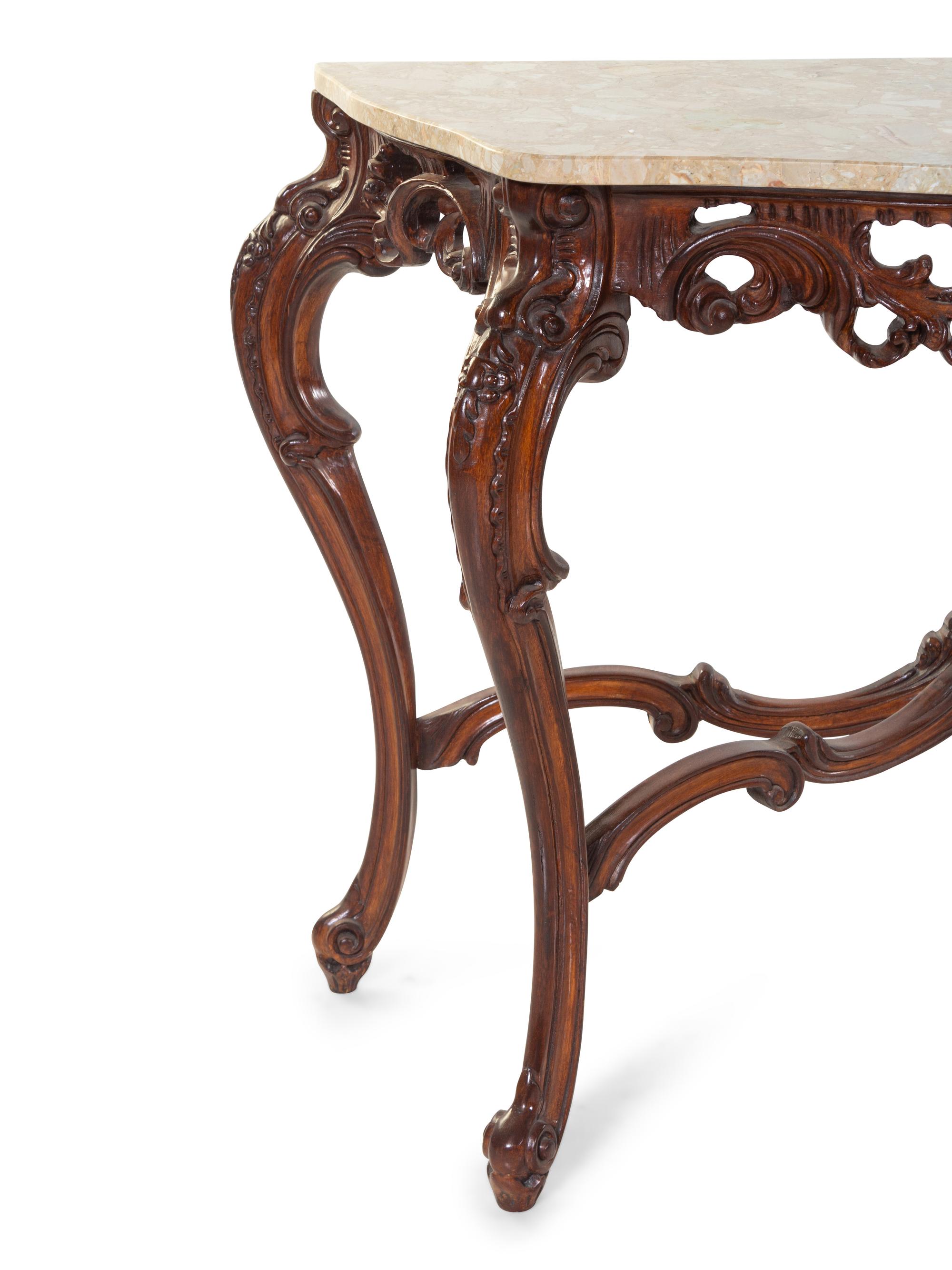A Pair of Louis XV Style Carved Walnut Console Tables