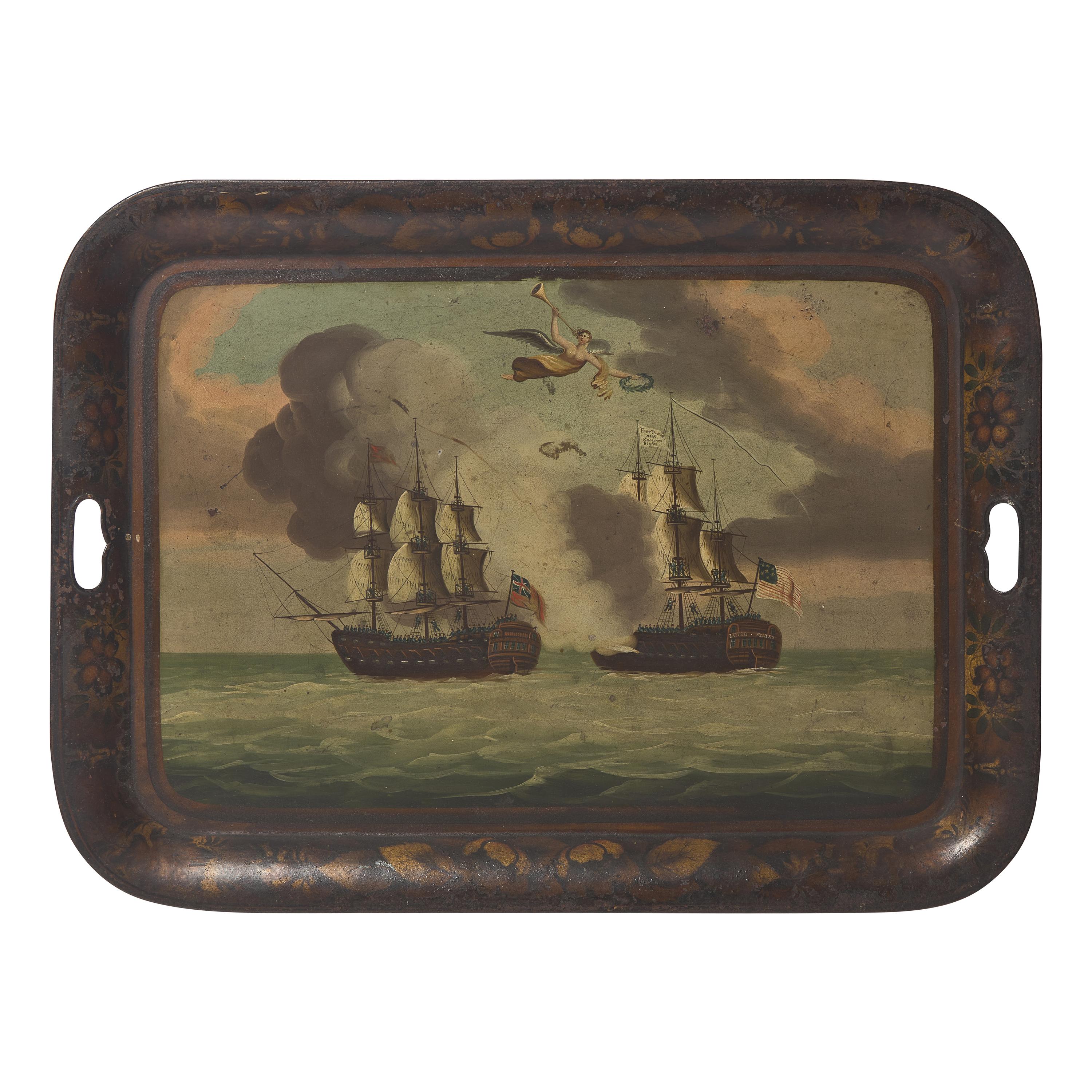 A Tole-Decorated Tray Depicting the Battle of the USS United States and HMS Macedonian