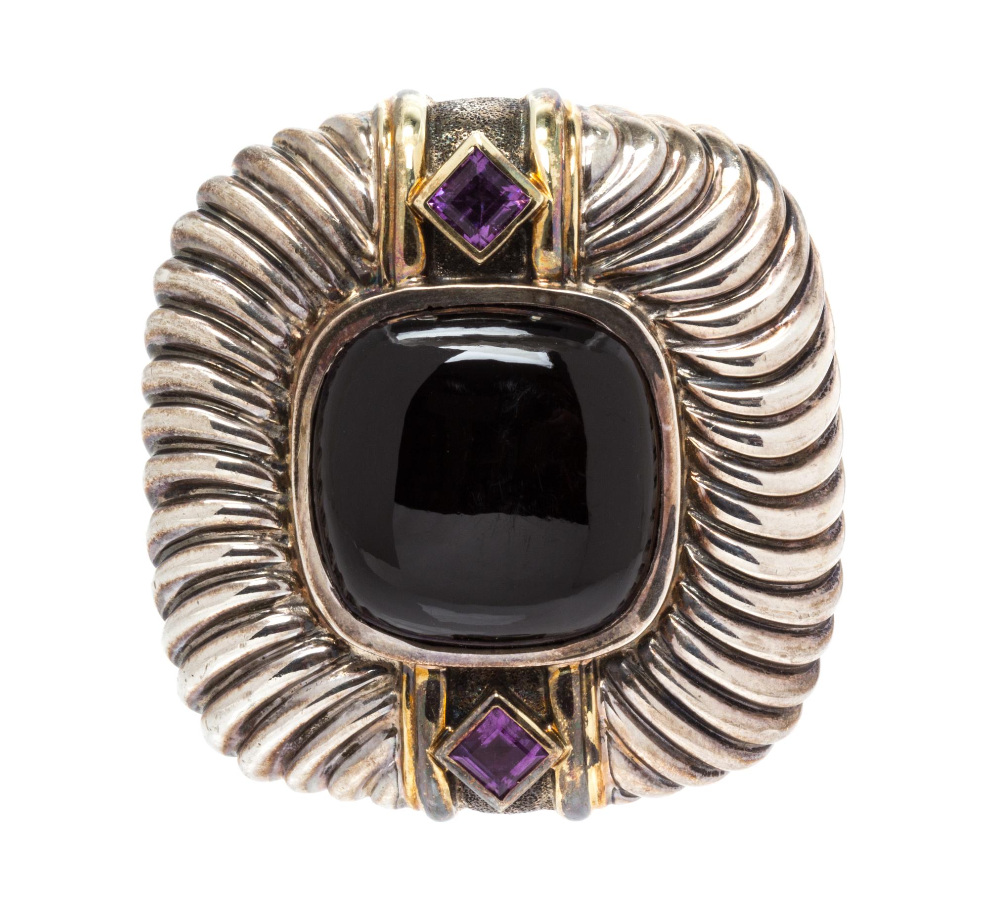 A Sterling Silver, Yellow Gold, Onyx and Amethyst 'Cable' Belt Buckle, David Yurman, 27.50 dwts.