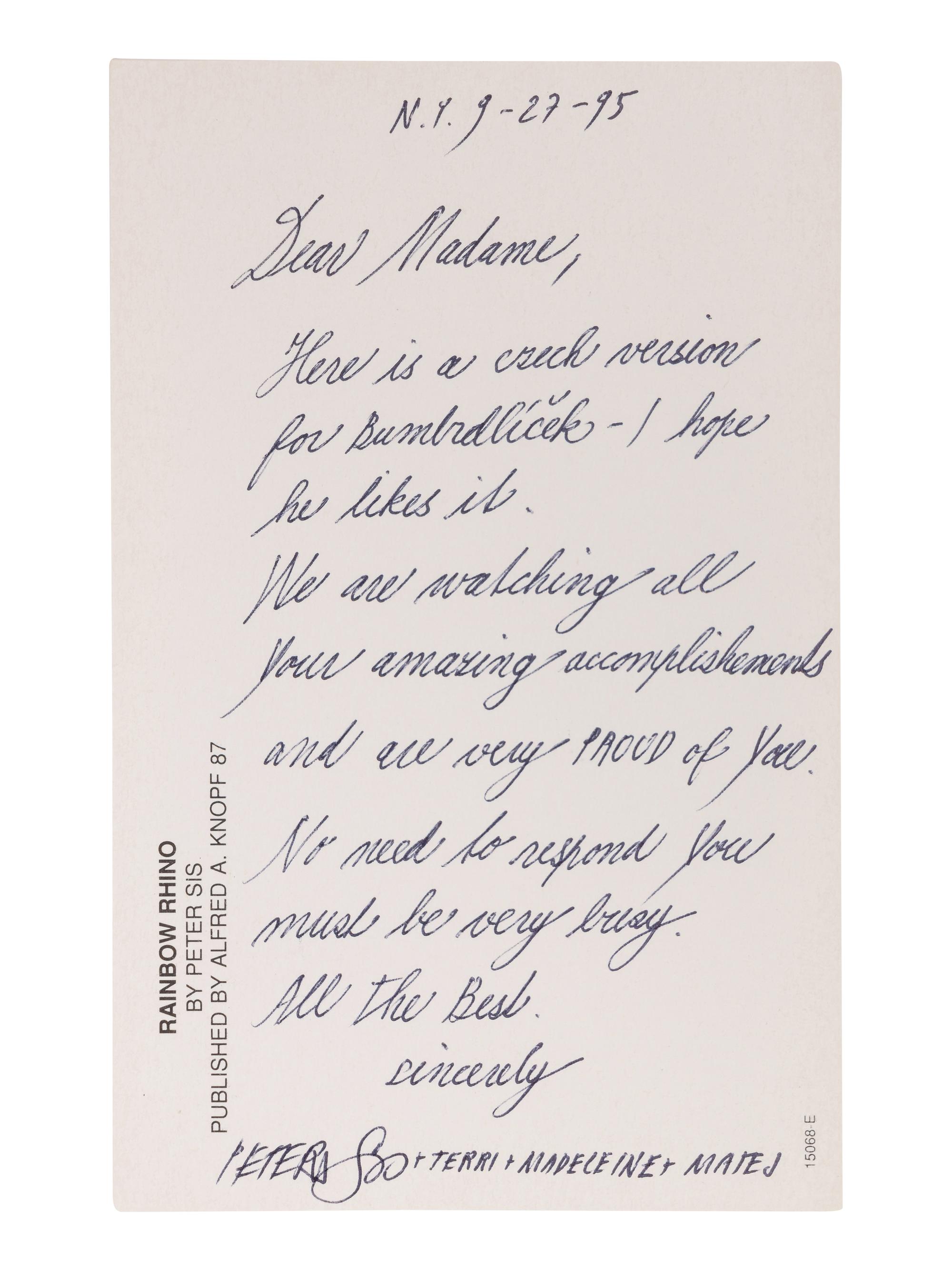 CHILDREN’S ILLUSTRATED LITERATURE SIS, Peter. A group of 7 works, most by or about Sis, 3 INSCRIBED OR WITH AUTOGRAPH NOTES TO SECRETARY ALBRIGHT: