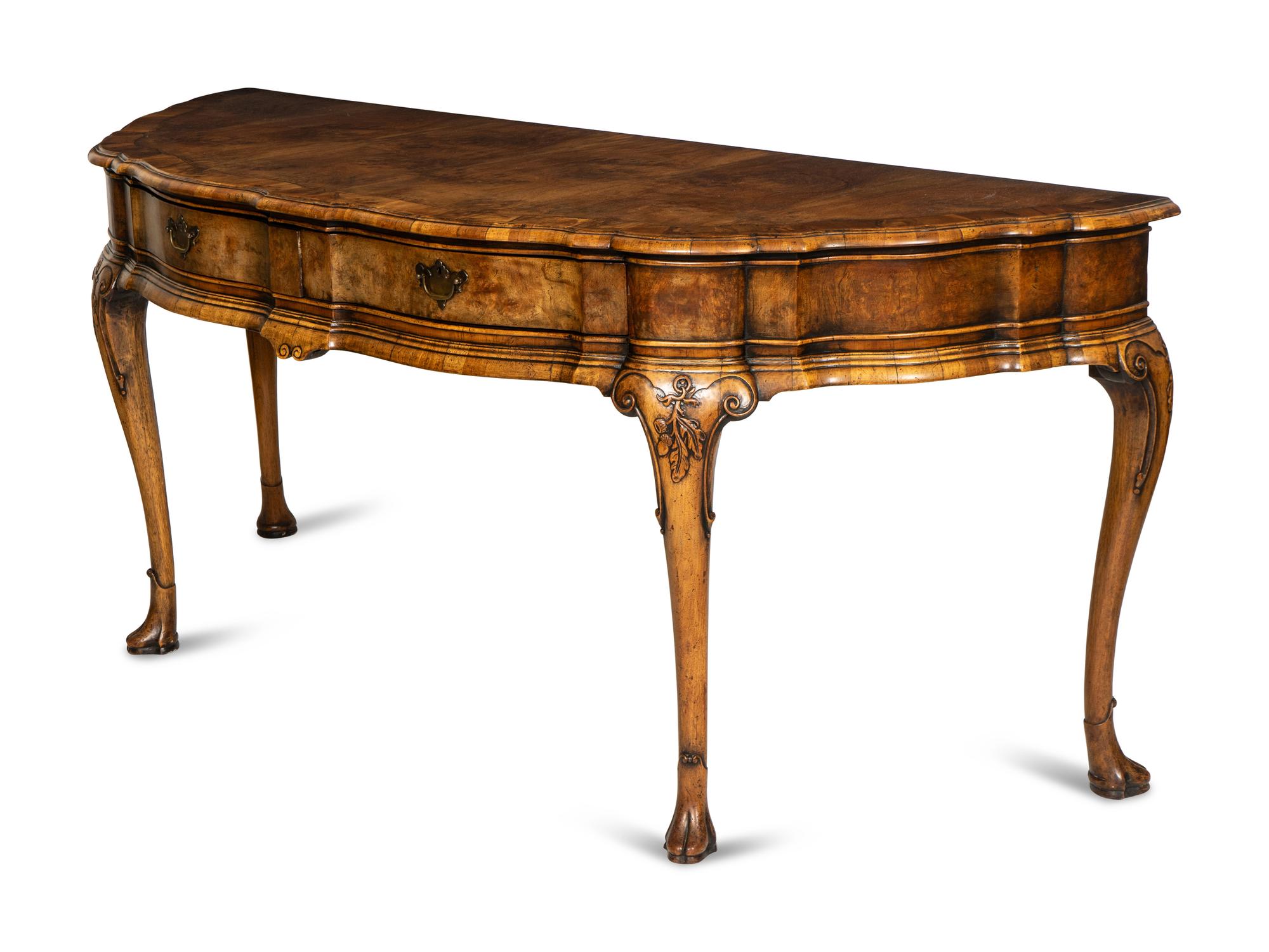 A Large Queen Anne Style Burl Walnut Demilune Console Table