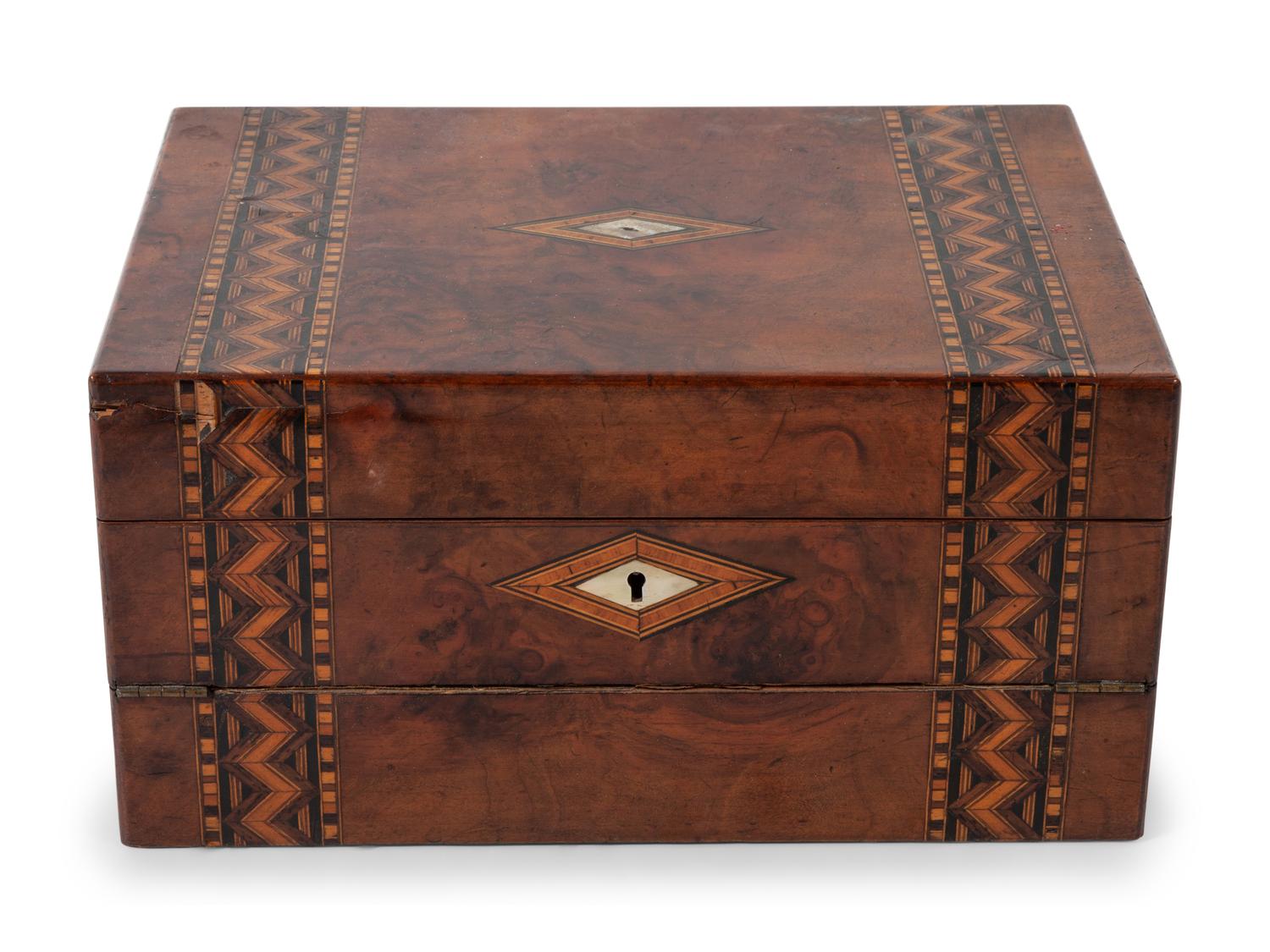 A Regency Parquetry and Mother-of-Pearl Inlaid Walnut Writing Box