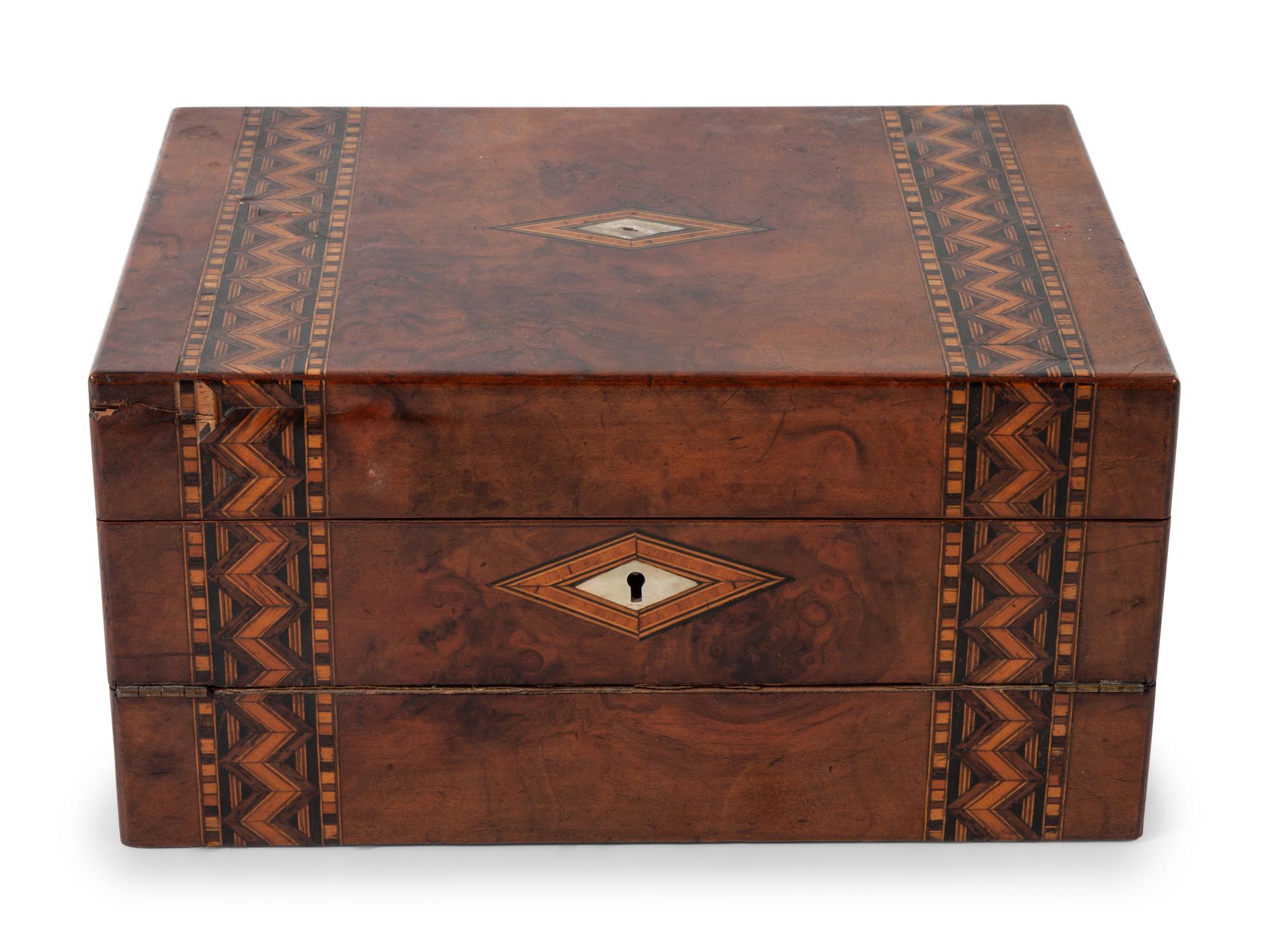 A Regency Parquetry and Mother-of-Pearl Inlaid Walnut Writing Box