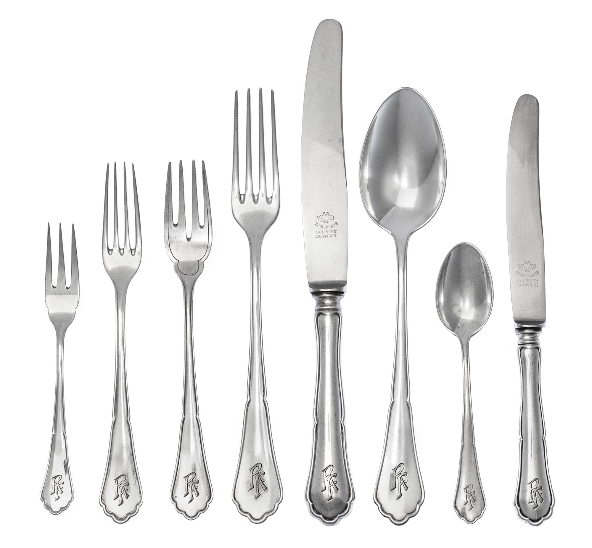 A German Silver Flatware Service for Twelve, Bremer Silberwarenfabrik AG, Bremen, 20th Century, comprising: 12 dinner knives 12 dinner